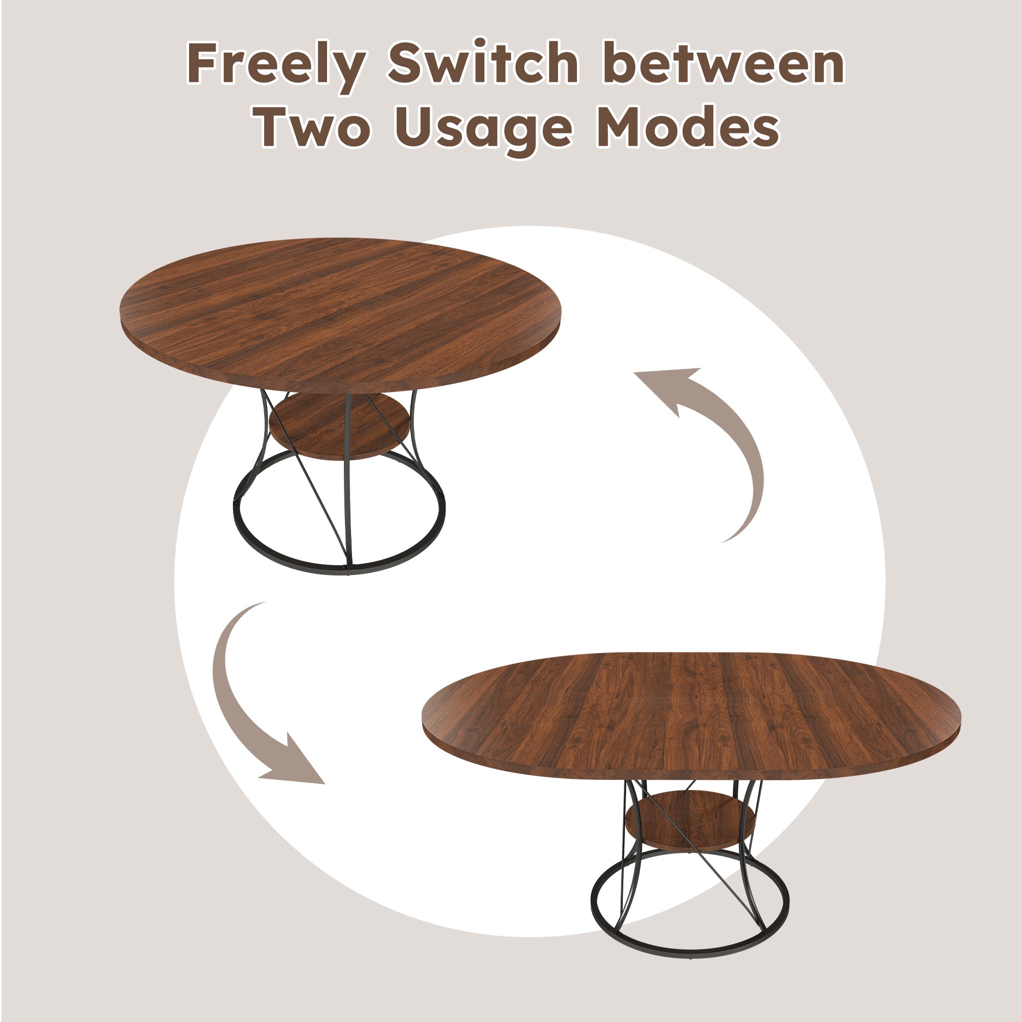 Feature graphic showing the walnut table switching between round and oval usage modes