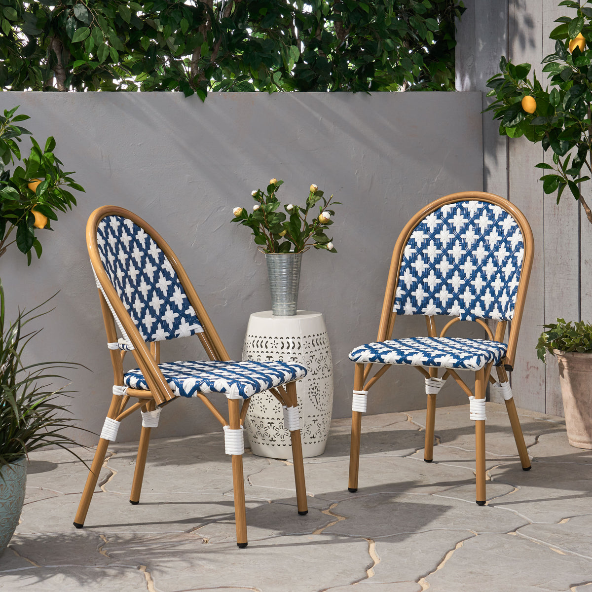 Aluminum Outdoor Dining Chair, Set of 2, 35 in Tall, White and Navy