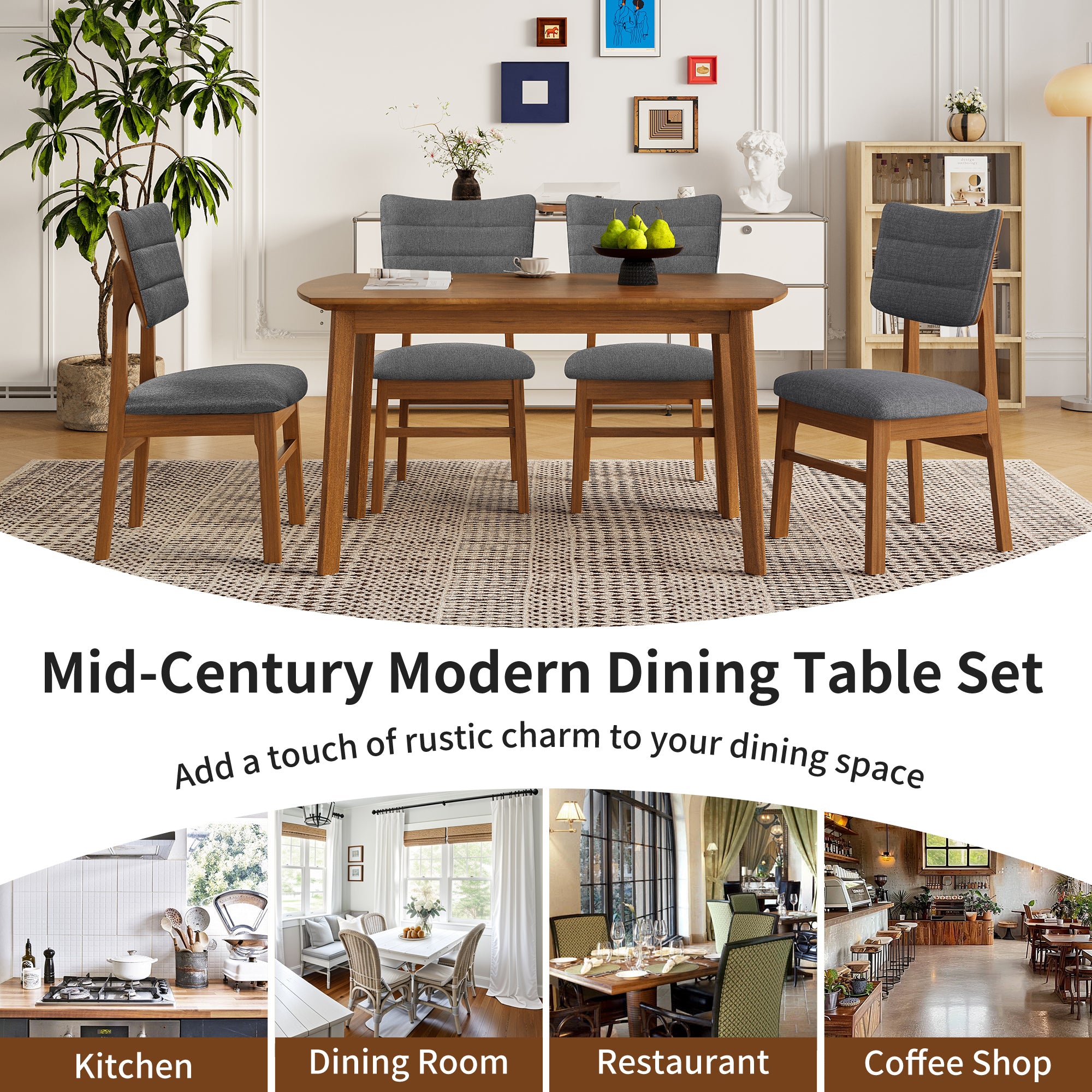 Feature graphic of the mid-century dining table set with gray chairs and kitchen, dining, restaurant and cafe uses