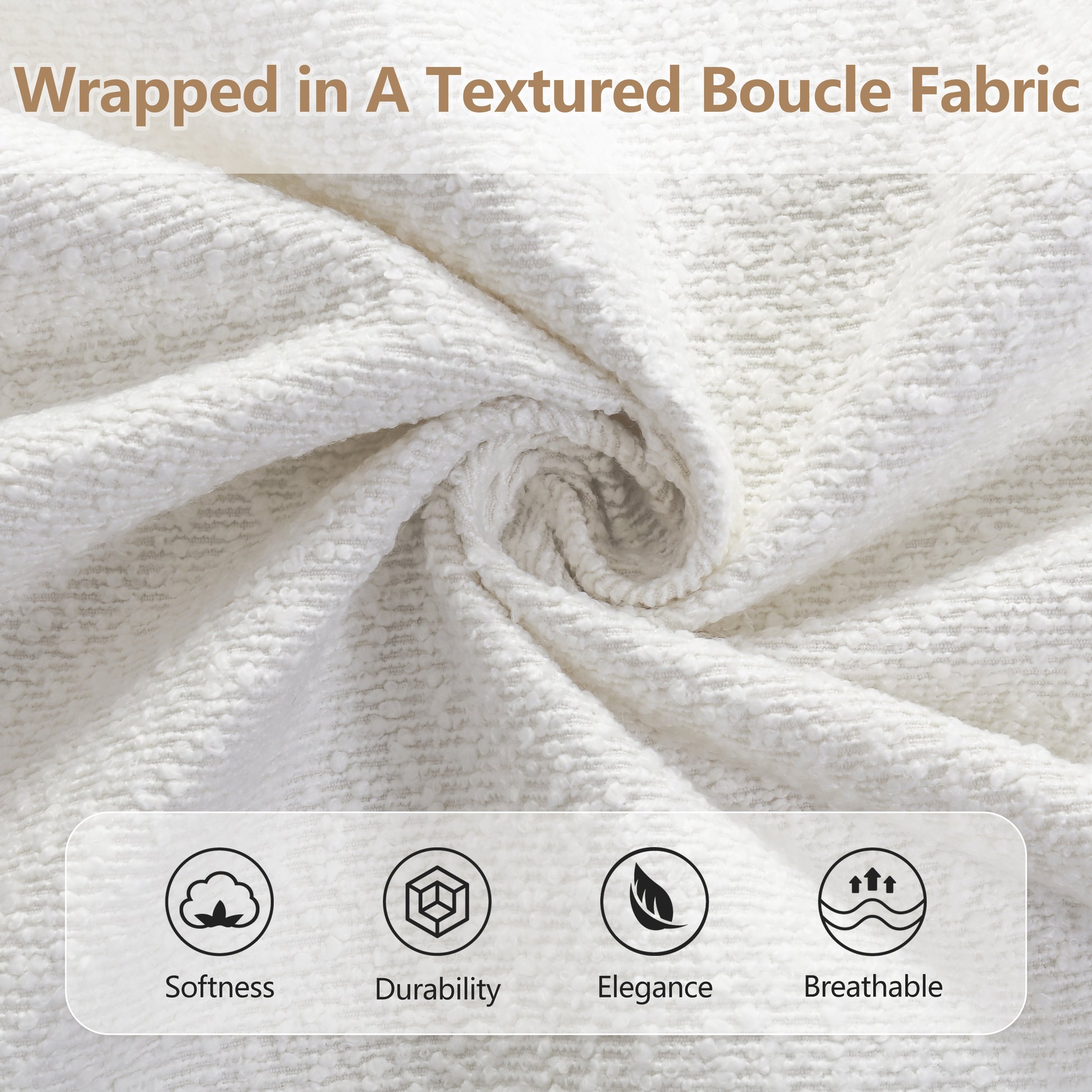 Close-up of beige bouclé fabric texture on king platform bed