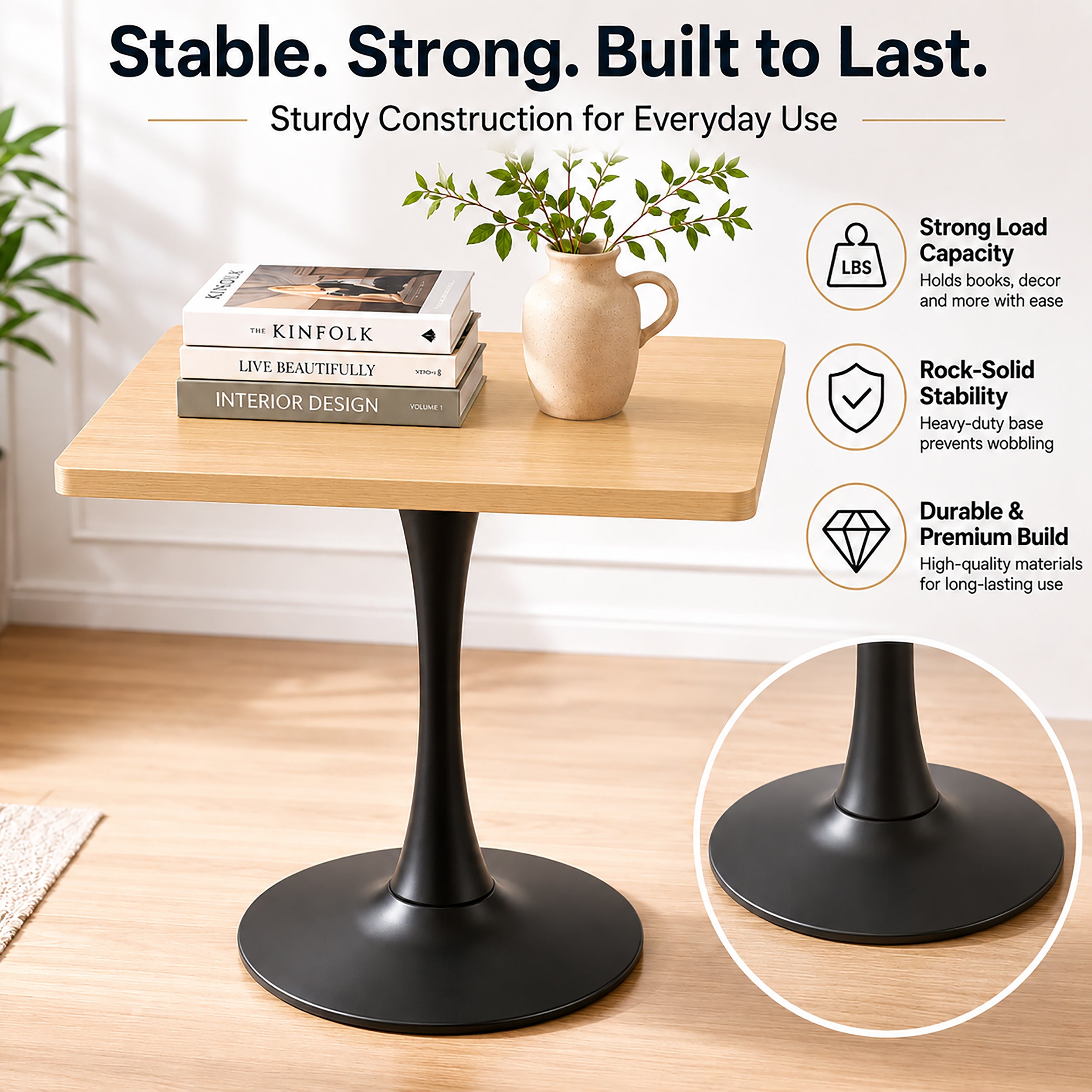 Feature graphic of the natural square tulip dining table with icons for load capacity, stability and durability