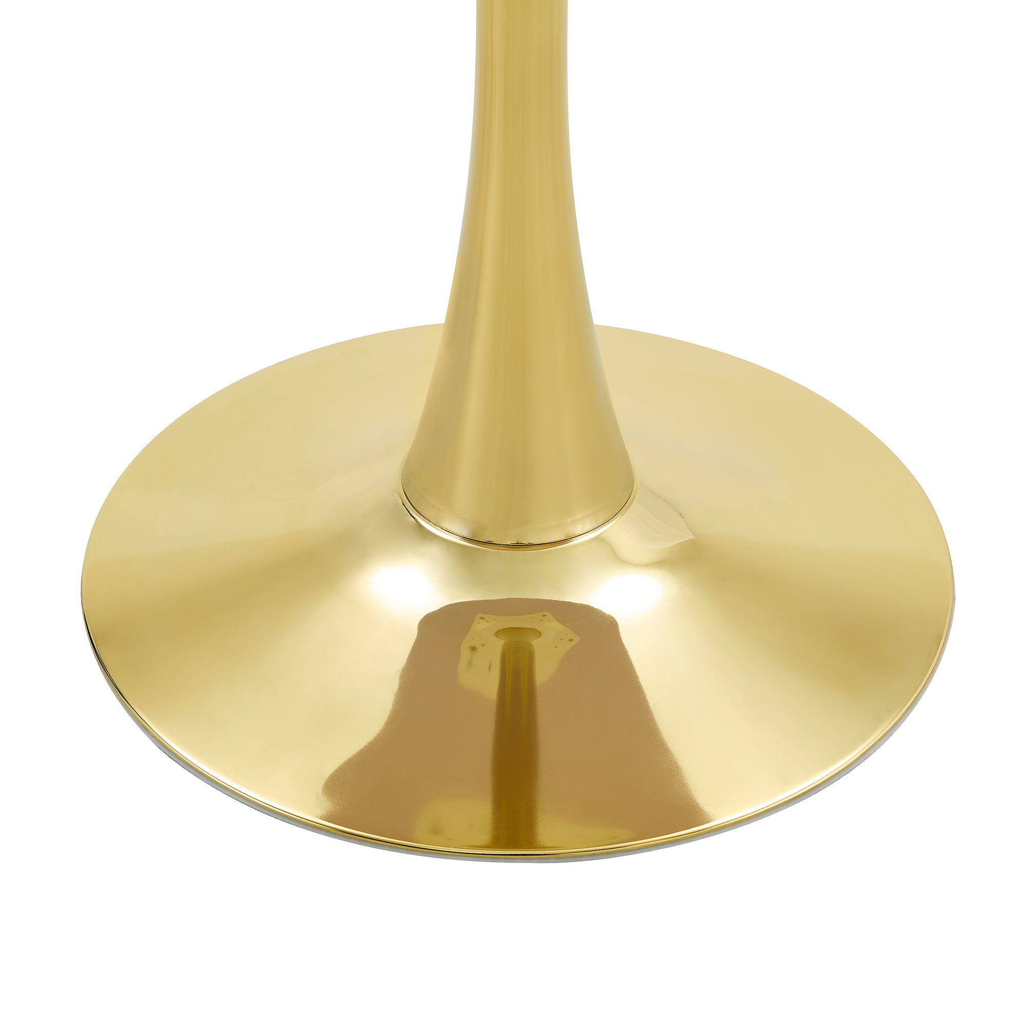 Close-up of the glossy gold tulip pedestal and round base on a plain white background