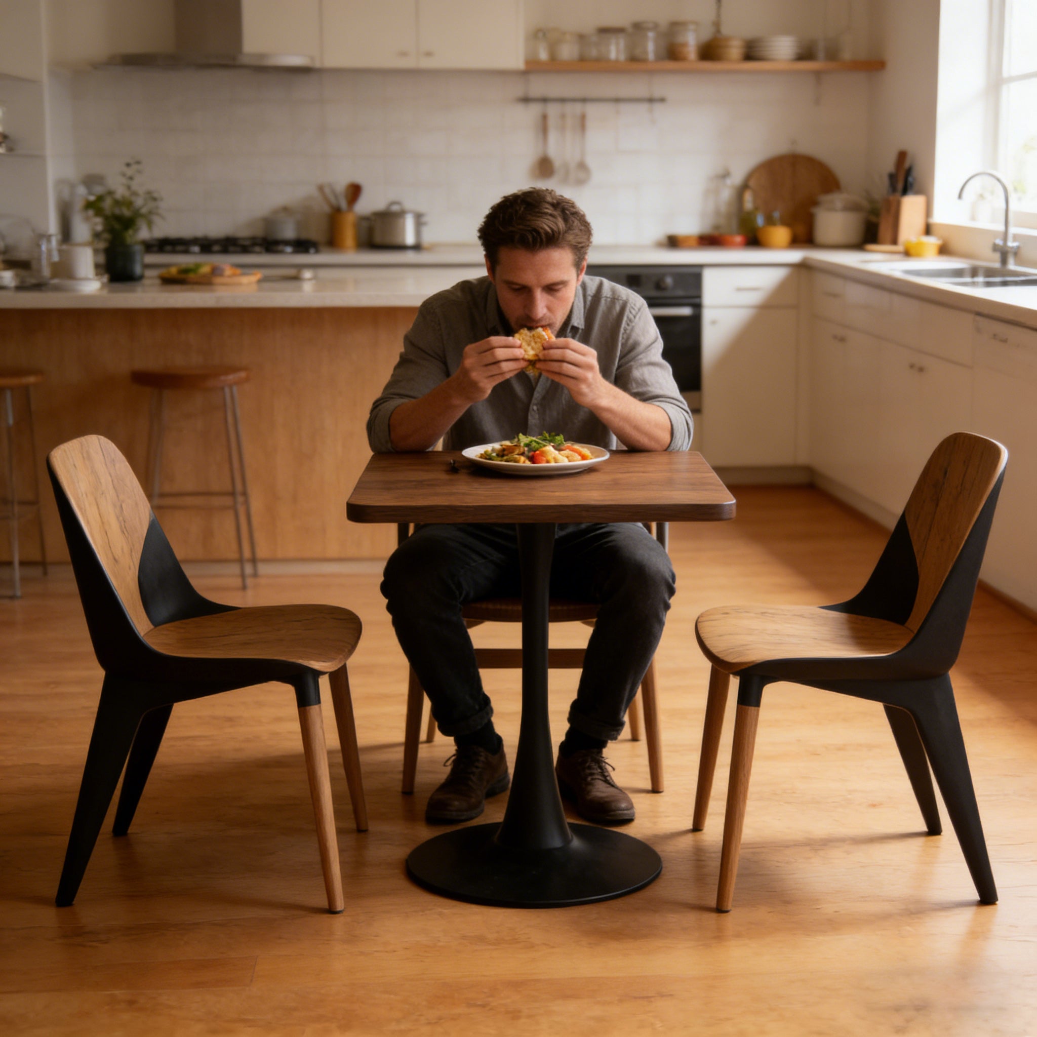 Man eating at the walnut square tulip bistro table between two wood chairs in a bright kitchen