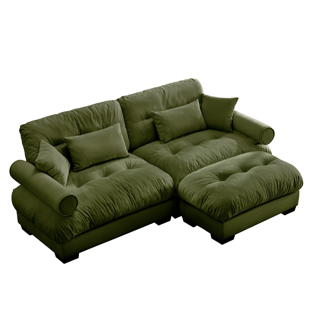 Olive Green Velvet 2-Seat Couch with 1 Ottoman