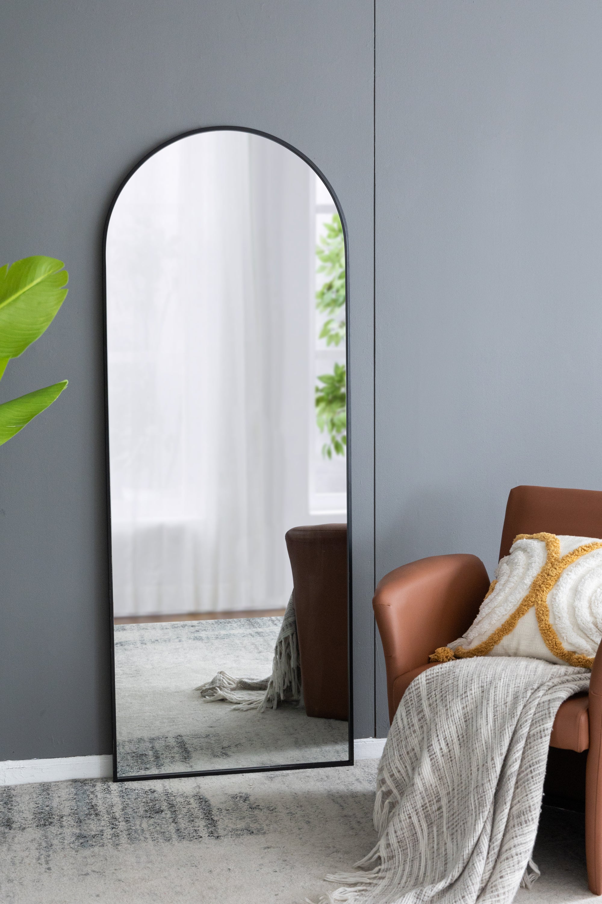 28" x 74" Black Arch Standing Mirror with Iron Frame