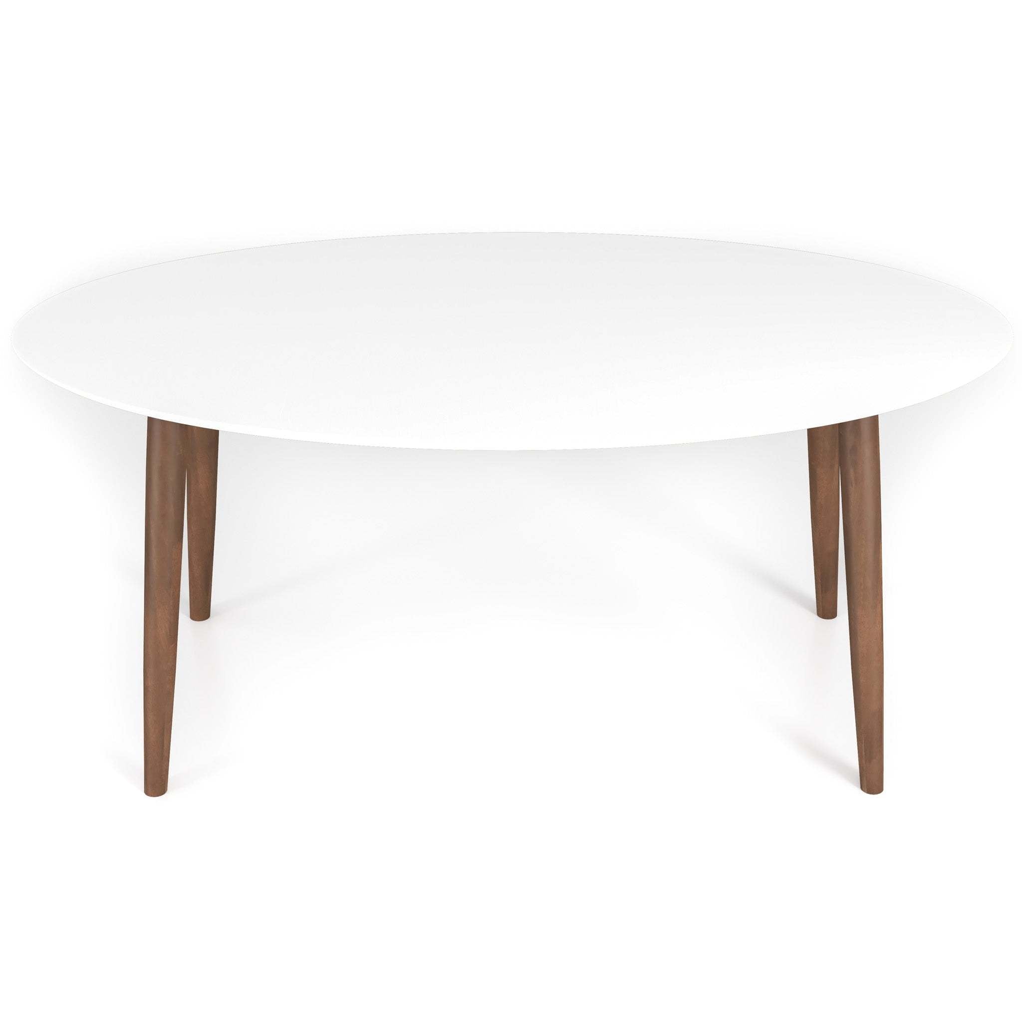 Close-up of the walnut leg joining the white tabletop in a styled setting
