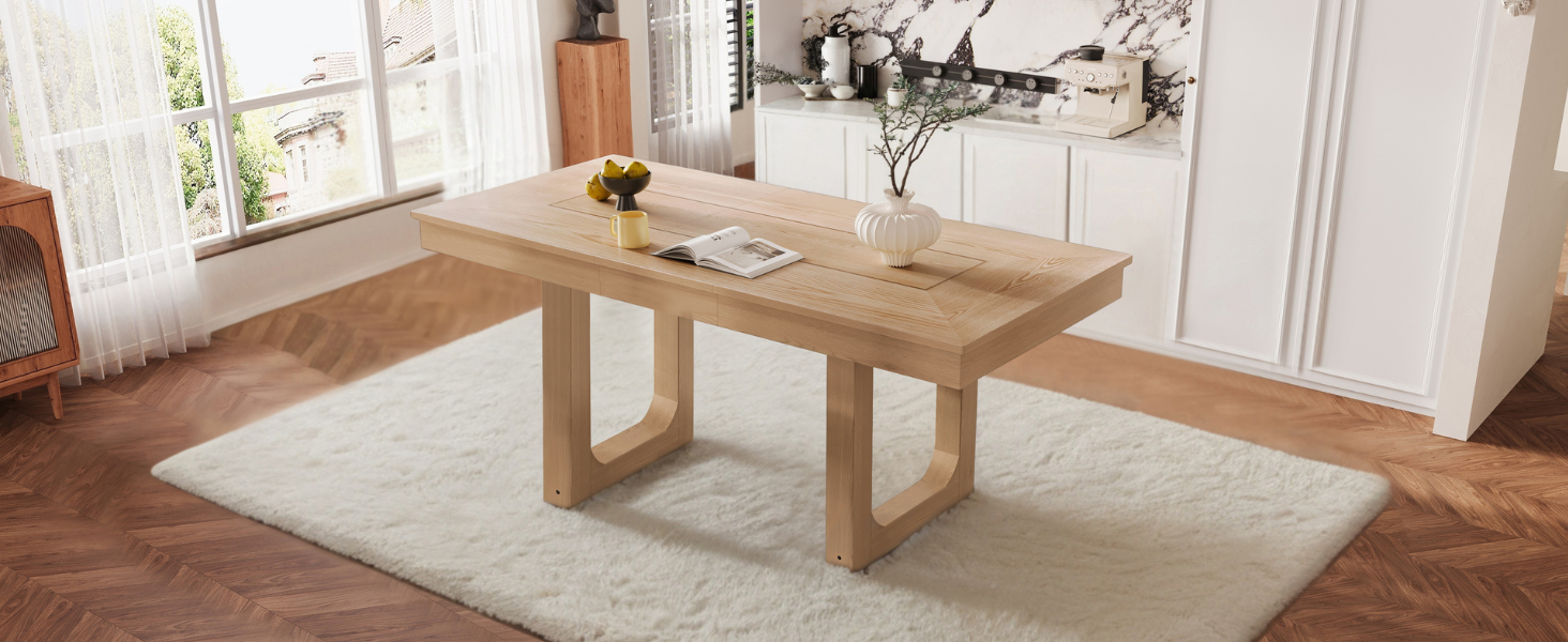 Wide three-quarter view of the oak dining table styled in a sunlit dining room