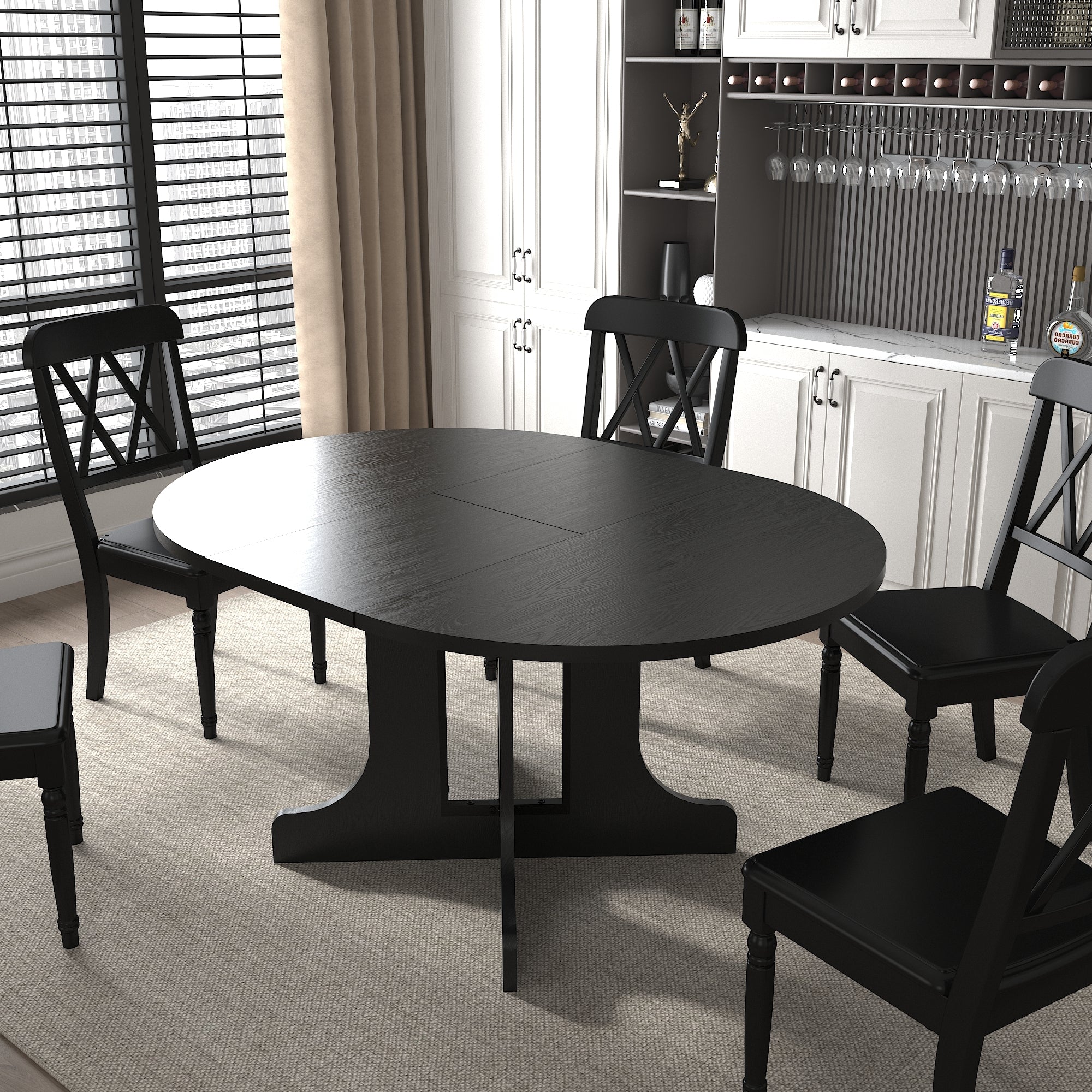 Black oval dining table with black cross-back chairs by a city window and wine bar