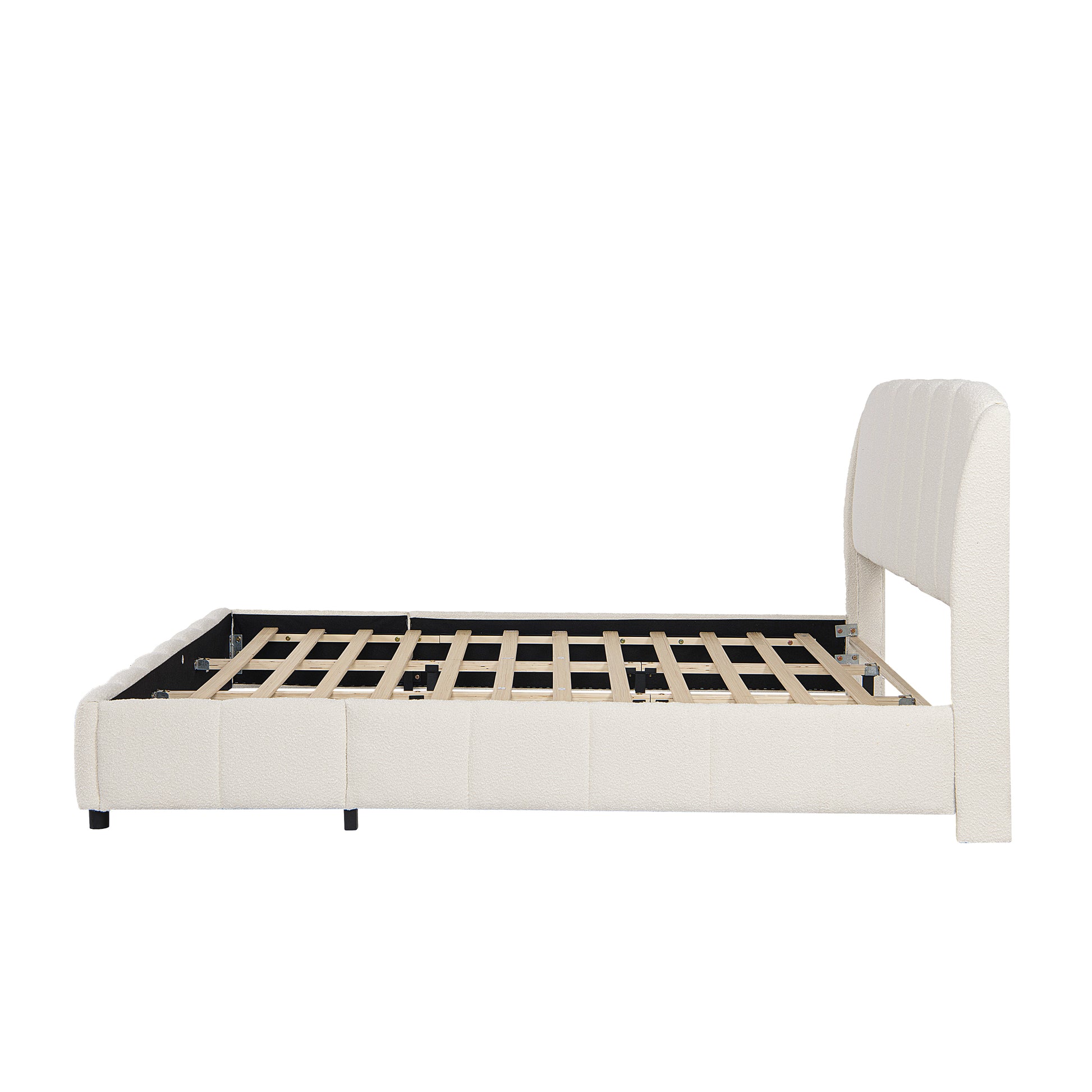 Close-up of wood slats and metal support bracket under platform bed