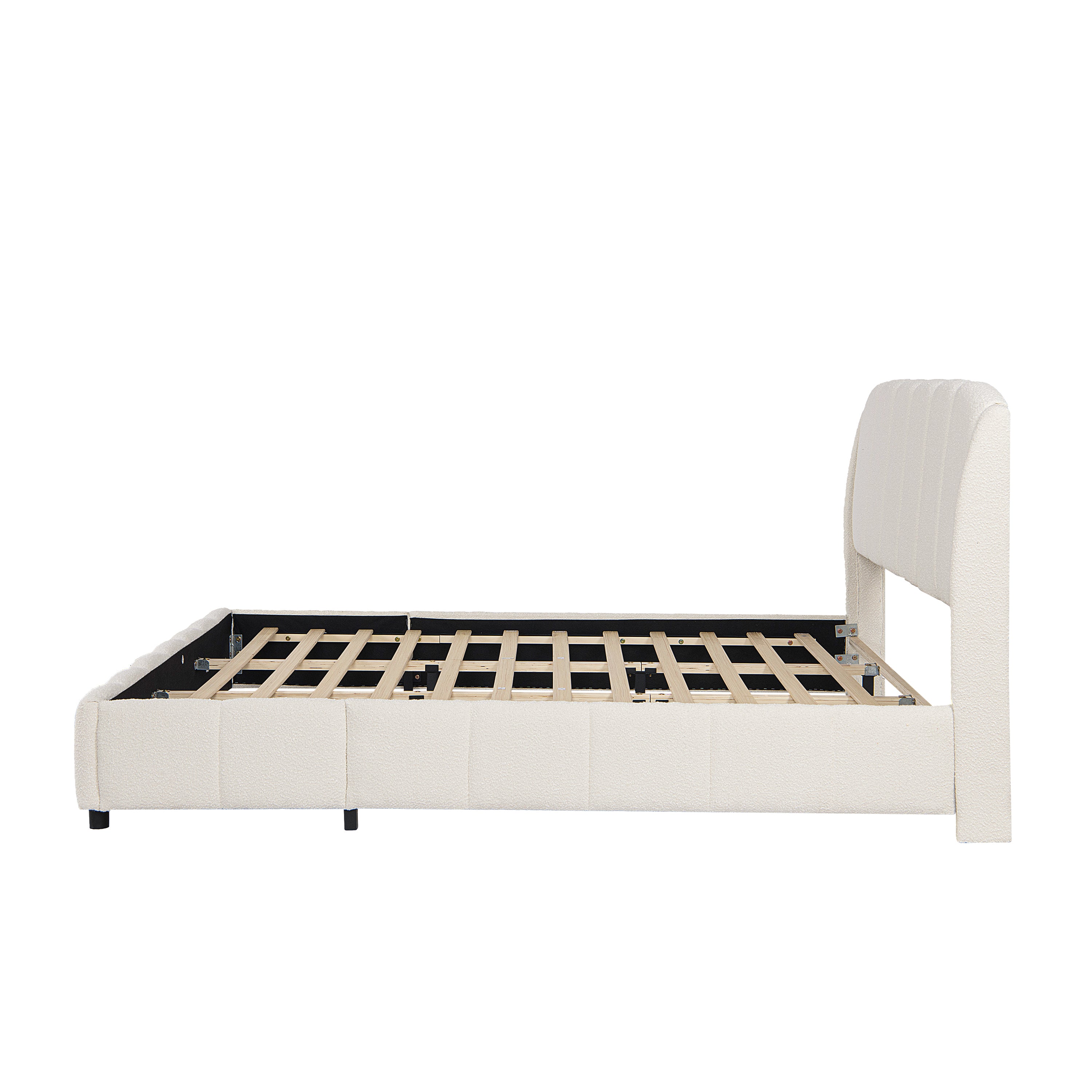 Close-up of wood slats and metal support bracket under platform bed