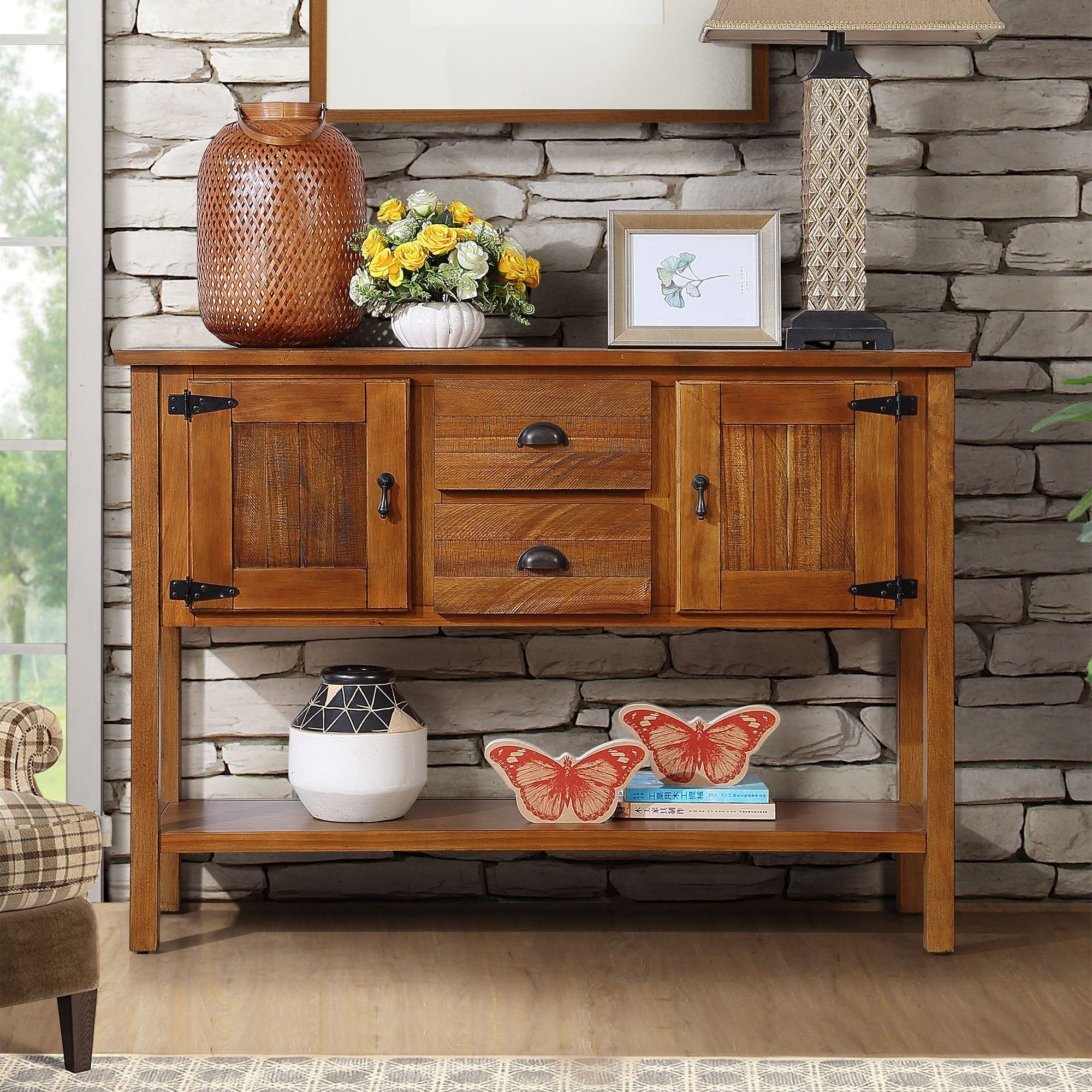 Solid Pine Sideboard Console, Brown, 46 in, 2 Drawers & Cabinets