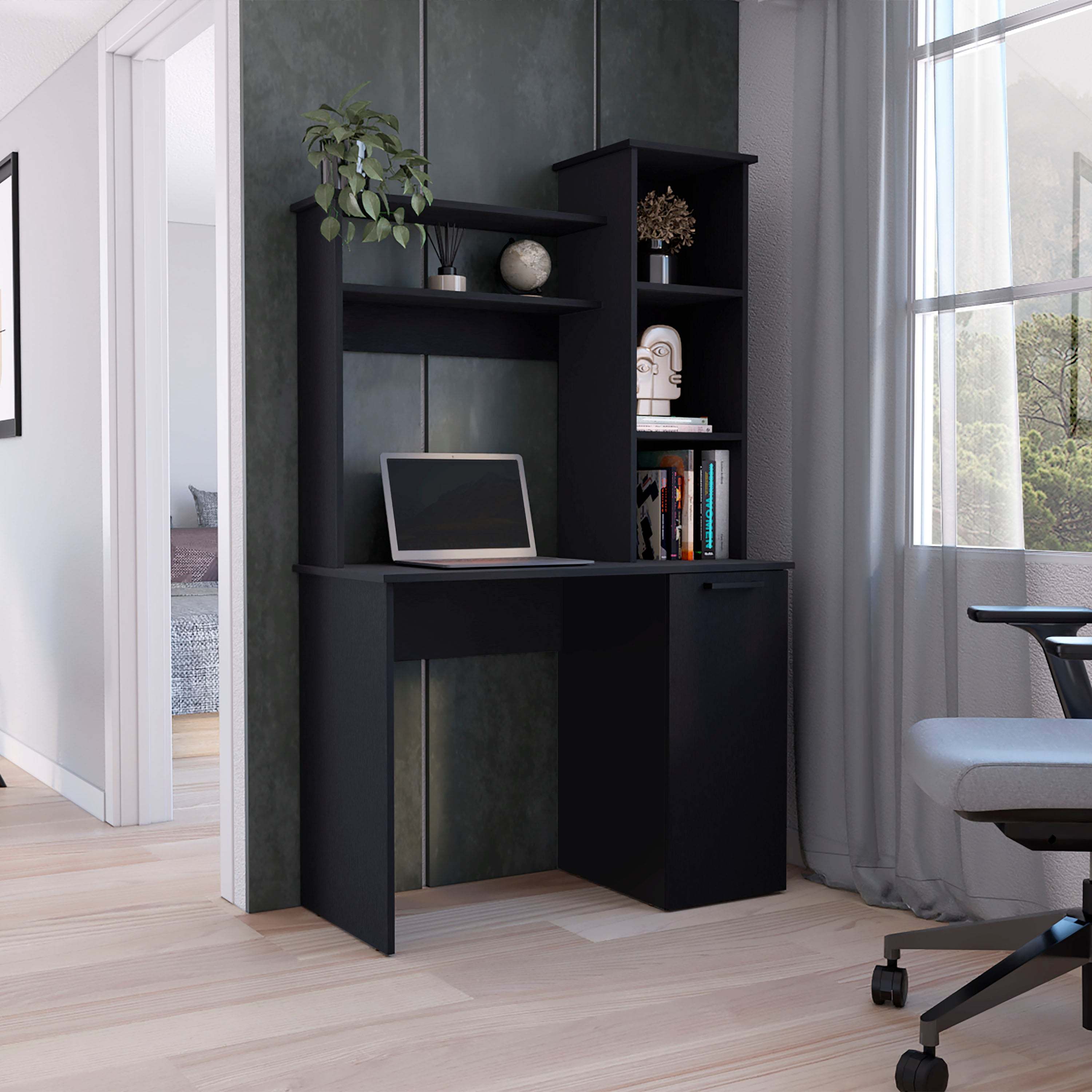 Computer Desk with Hutch, Workstation, 38.7 in, Black, 17.7 in Deep