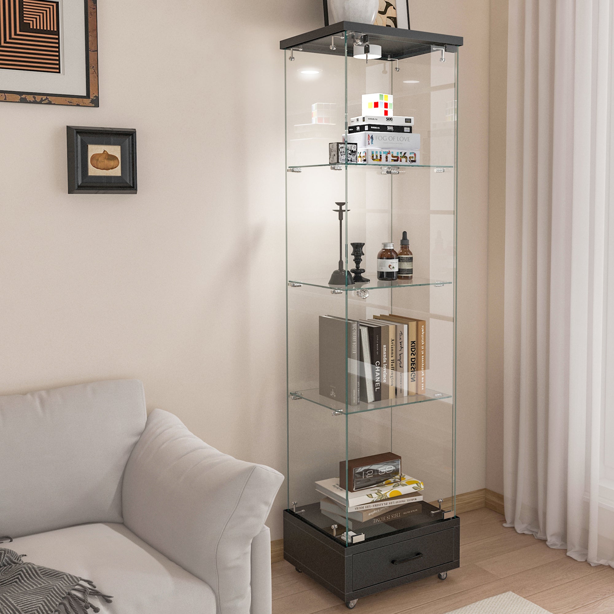 Modern Bookcase with Doors and Lock, 16.7 in, Black