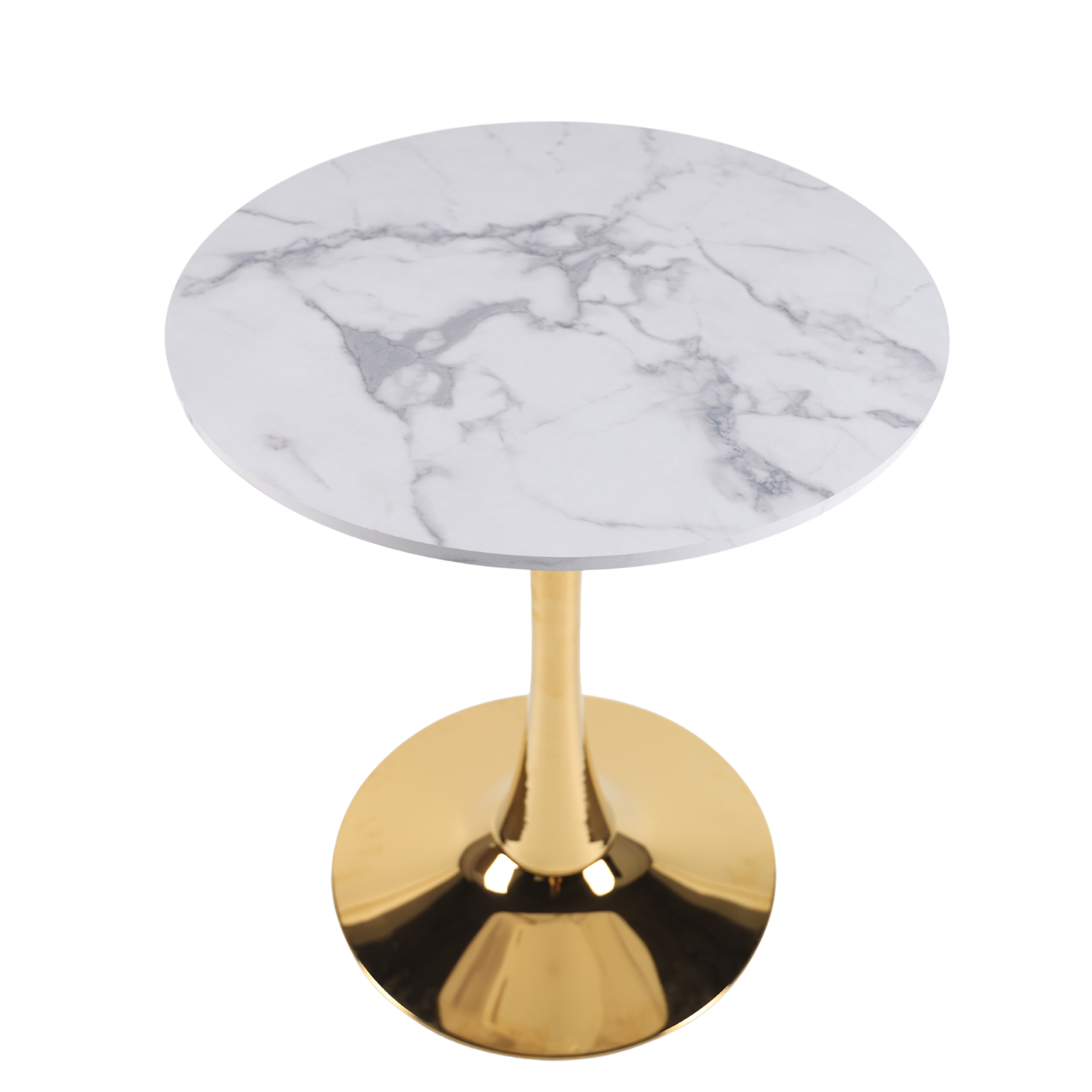 Studio three-quarter view of the white faux marble tulip dining table with a gold pedestal base
