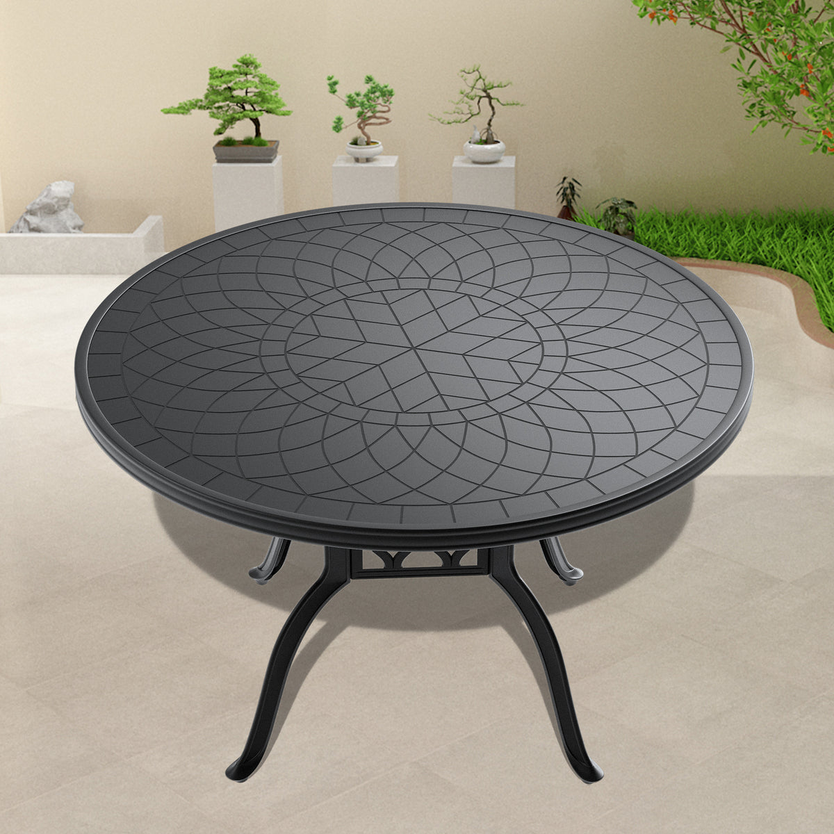 Black Aluminum Round Outdoor Dining Table, 47.2 in Wide