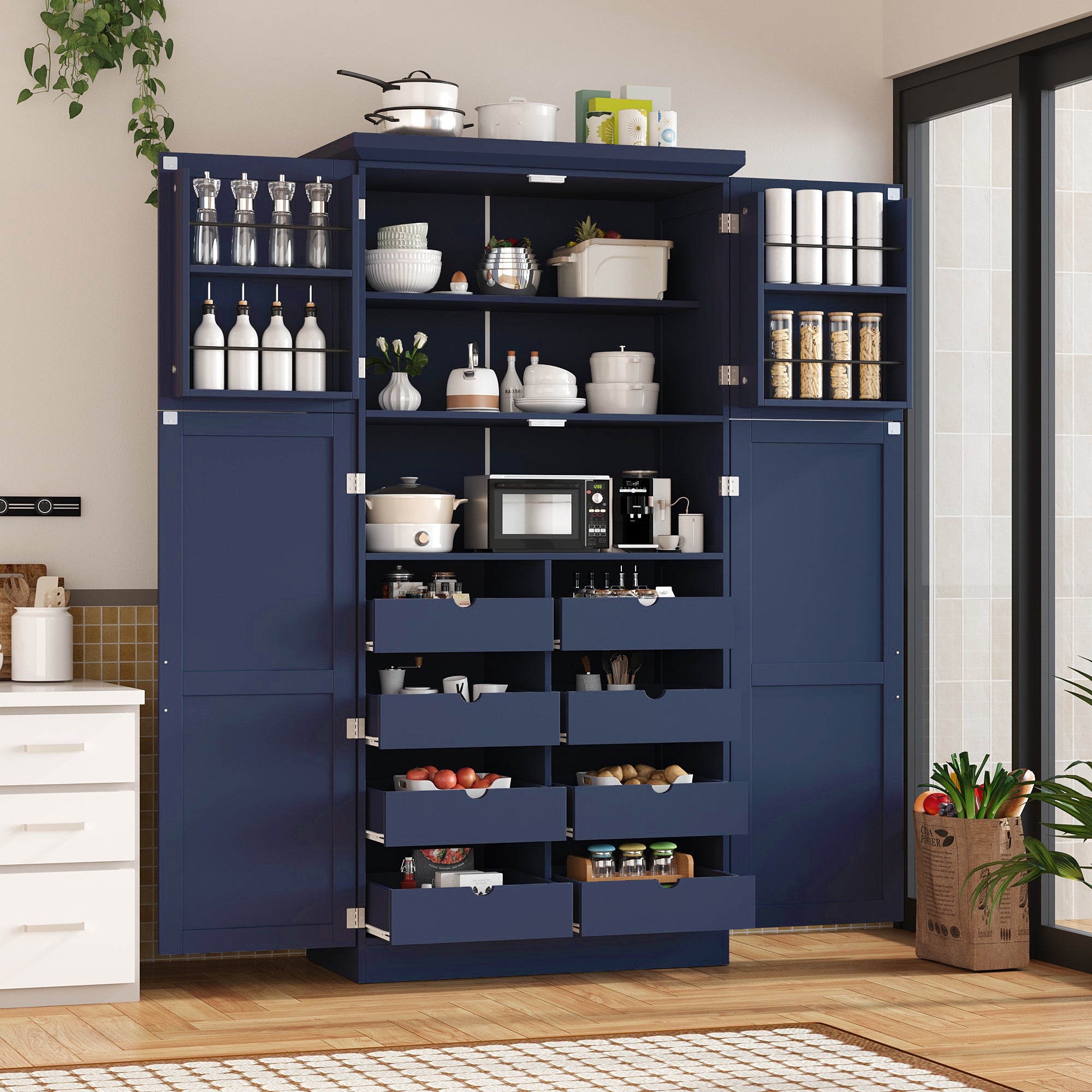 Tall Kitchen Pantry Cabinet, 71 in Blue, 4 Doors & 8 Pull-Out Trays