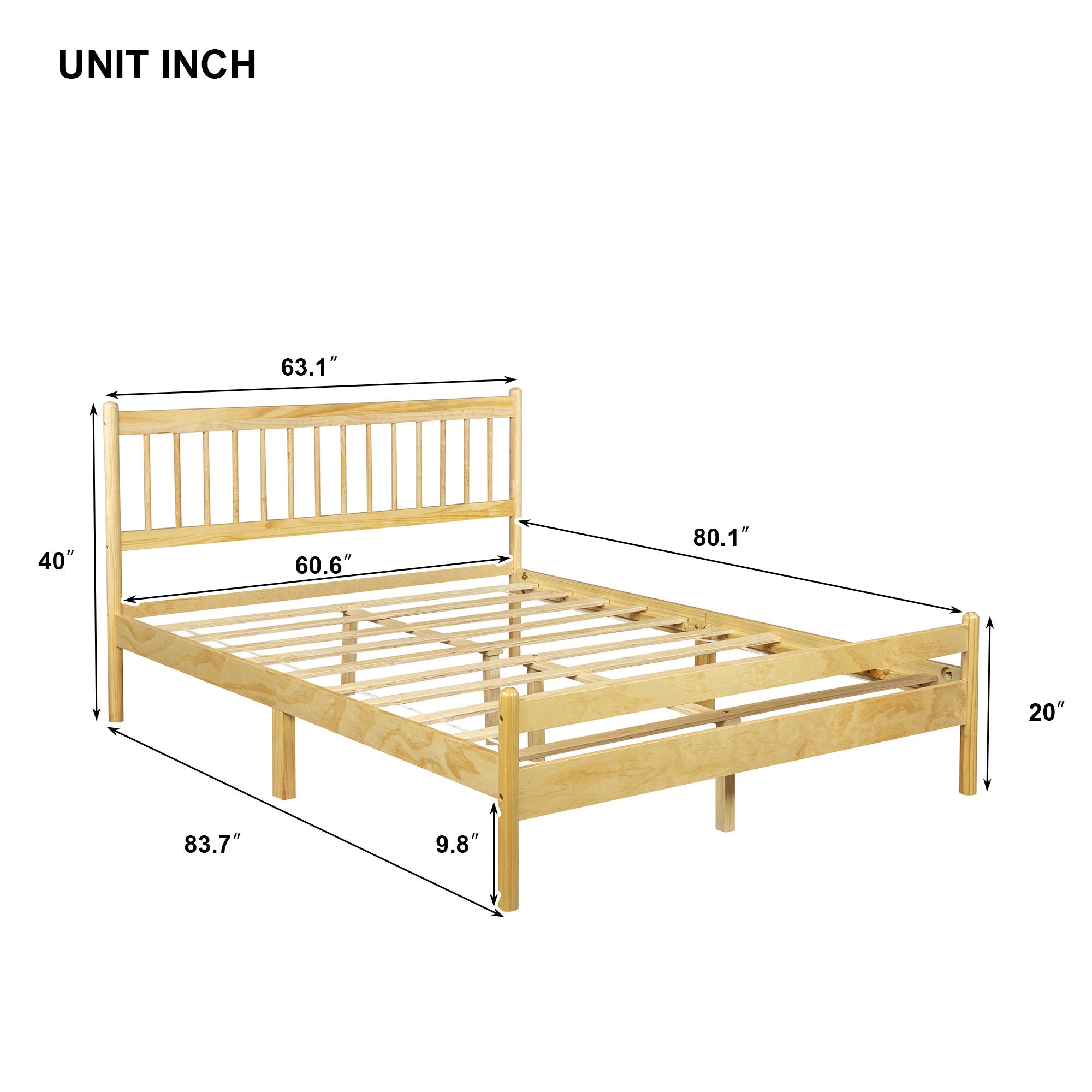Dimensions diagram of the natural pine queen bed frame in inches #Color_Natural