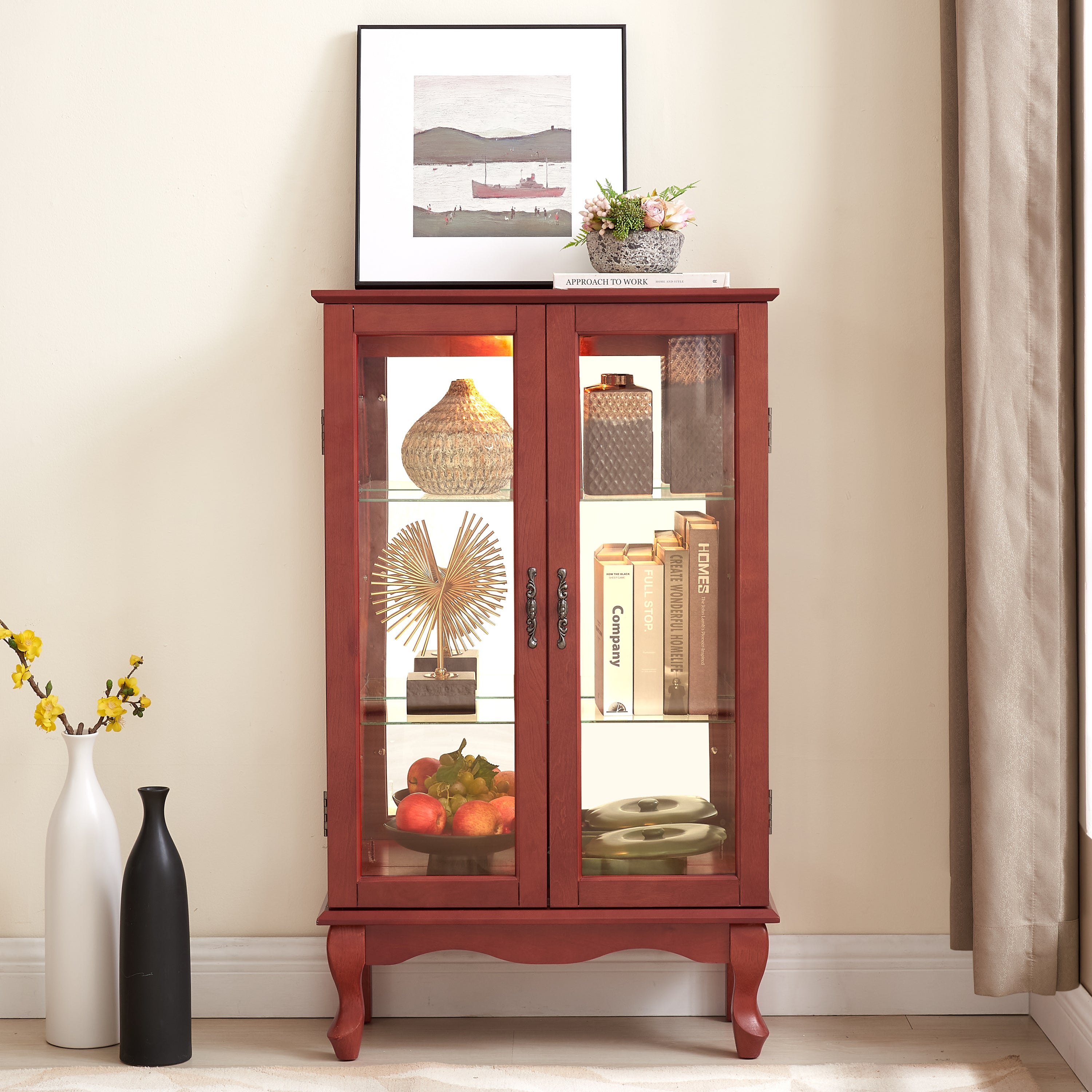 Lighted Curio Cabinet, Cherry, 2 Glass Doors & Mirrored Back