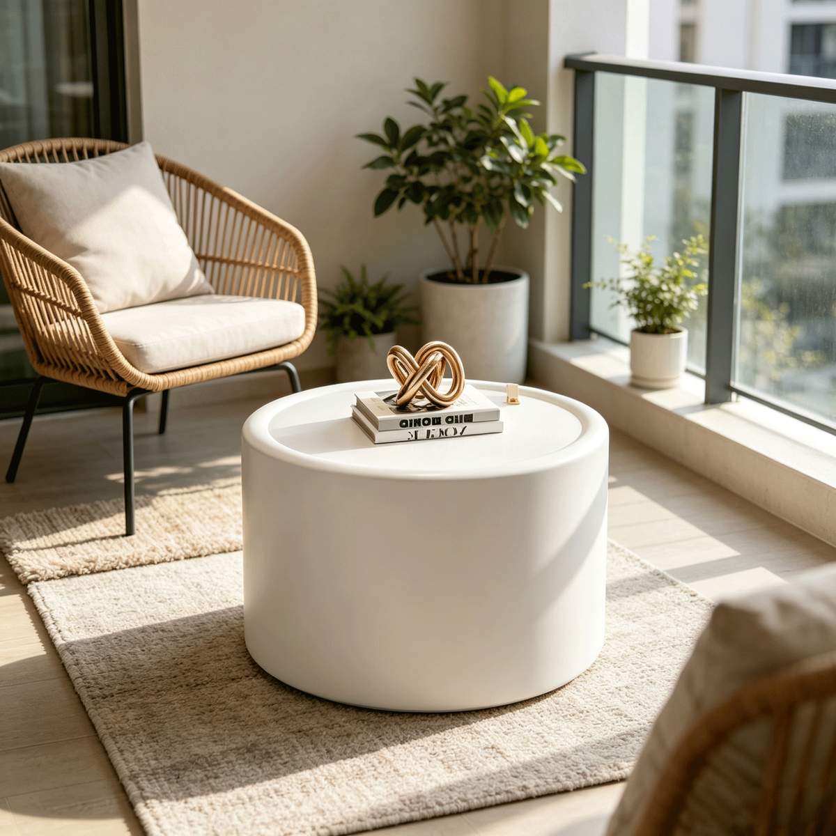 Cream Glass Top Round Coffee Table with Storage, 27.6 in