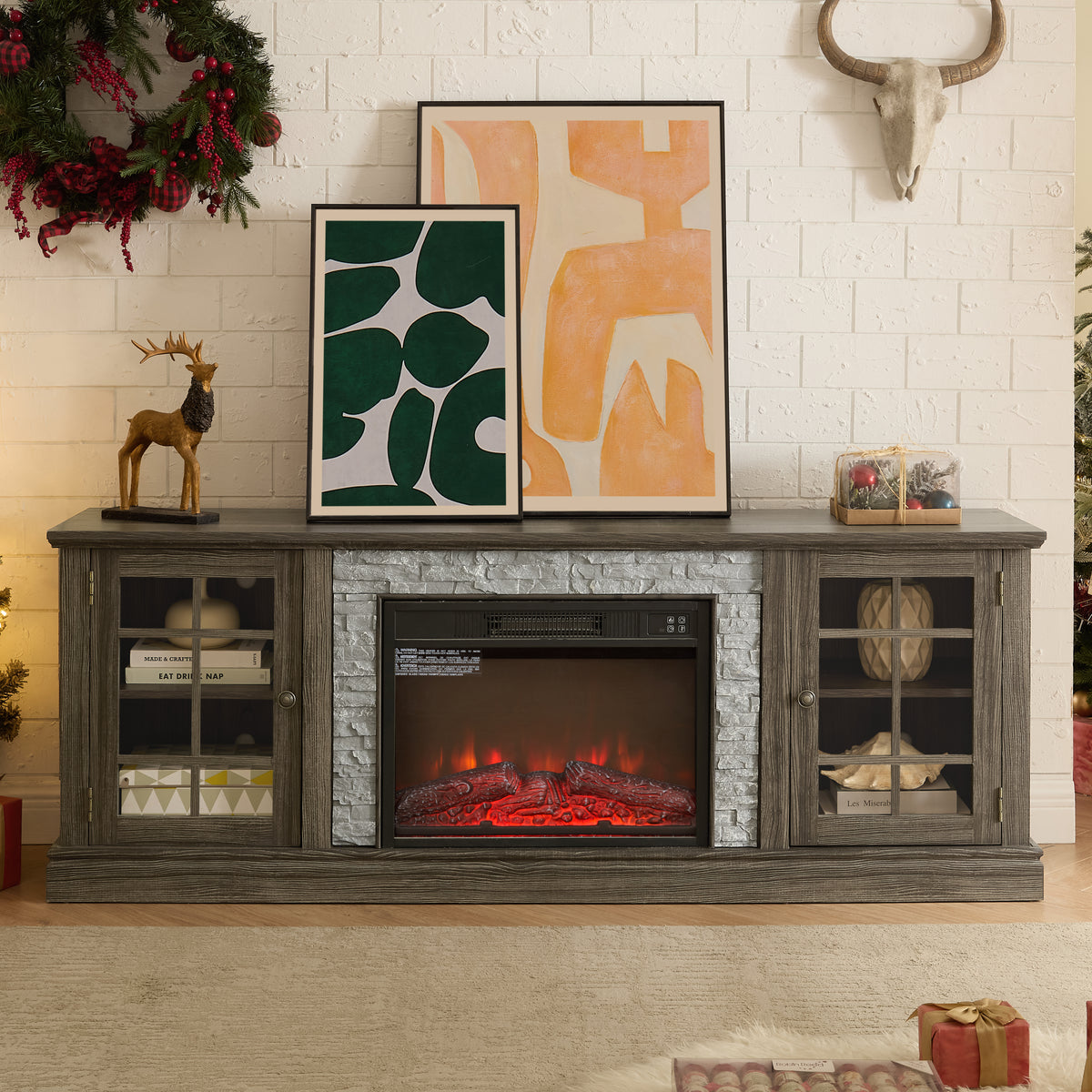 Gray Fireplace TV Stand for TVs up to 75 in, 70.1 in Wide