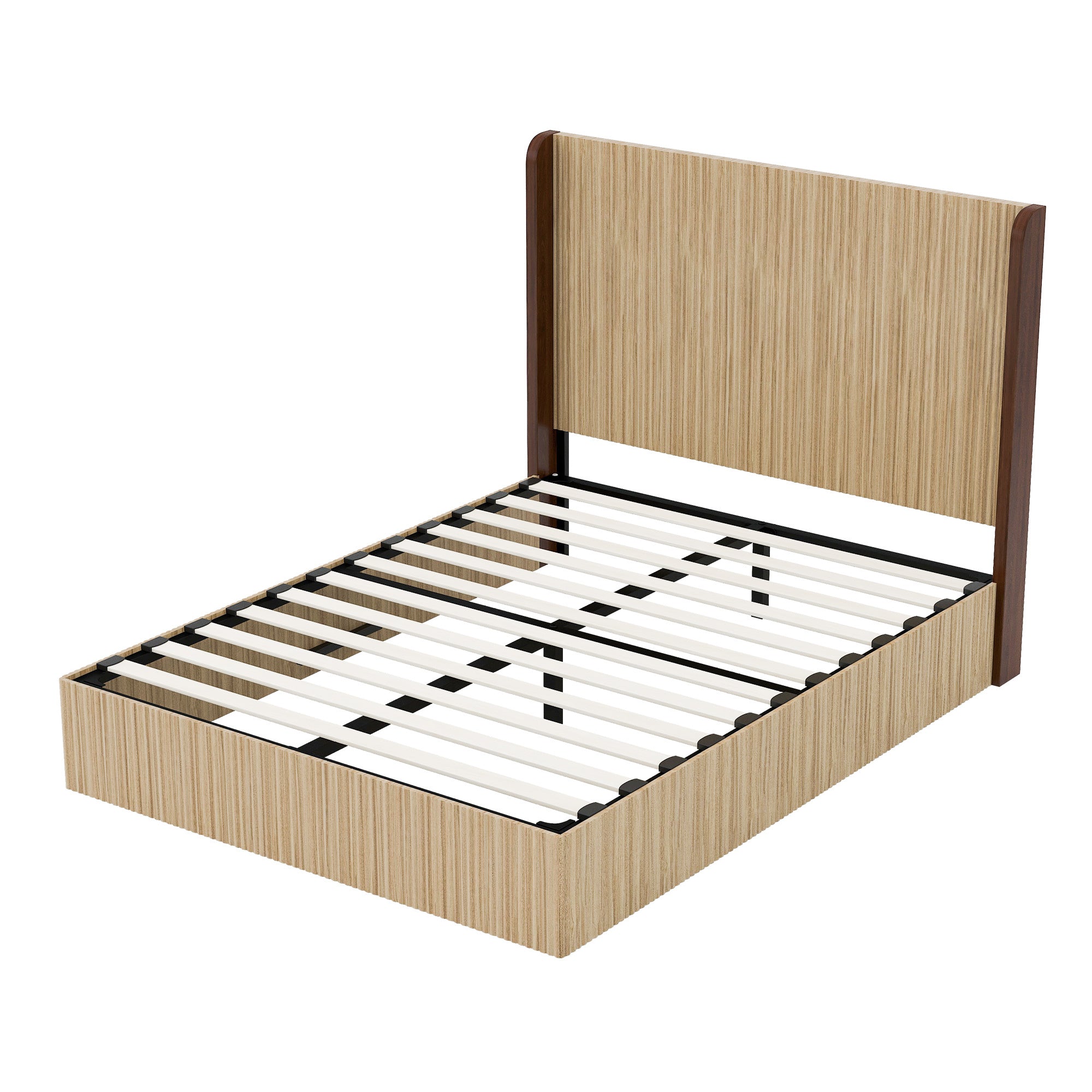 Bare wooden bed frame queen with wood slats on black metal center rails and a tall wingback headboard