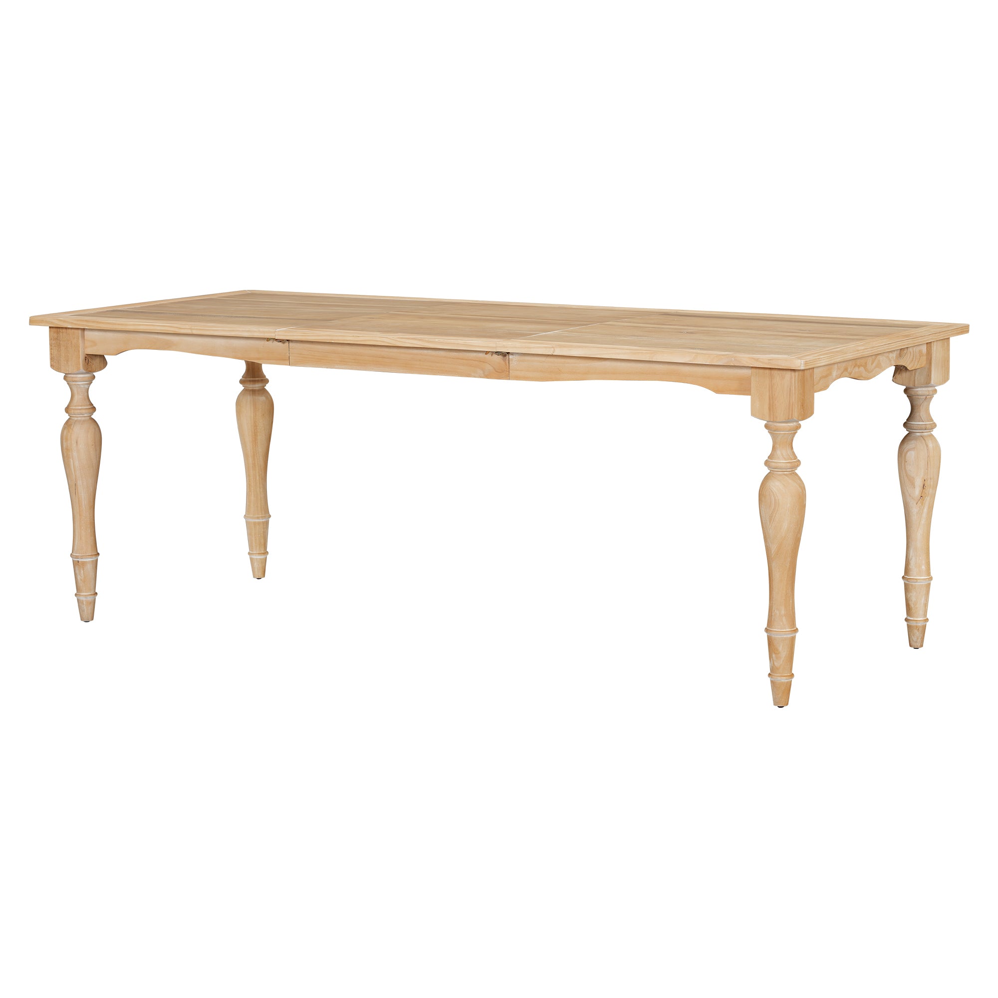 Three-quarter studio view of the natural rubberwood dining table with turned legs, white background