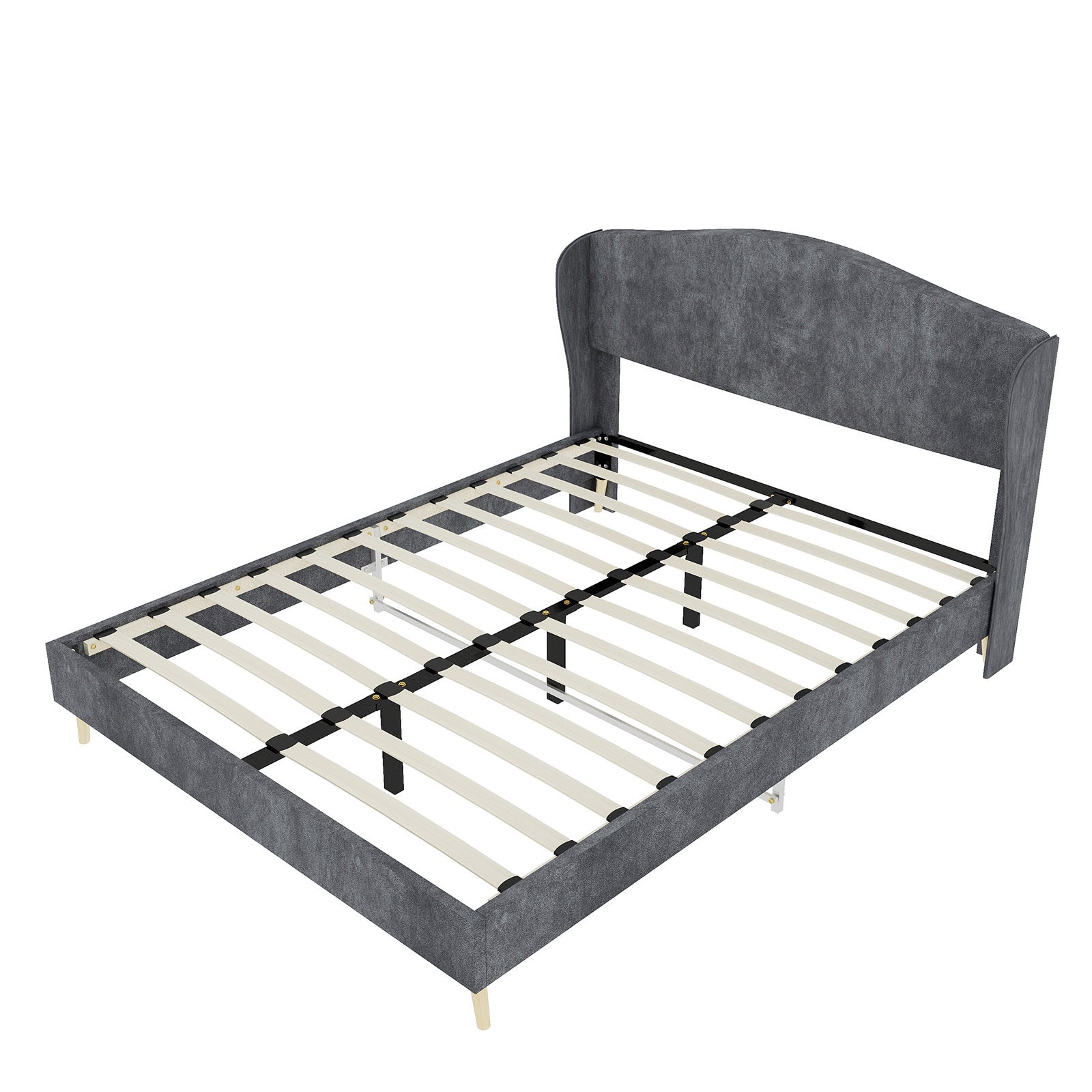 Solid Wood Full Size Bed Frame with Tufted Velvet Headboard, Gray
