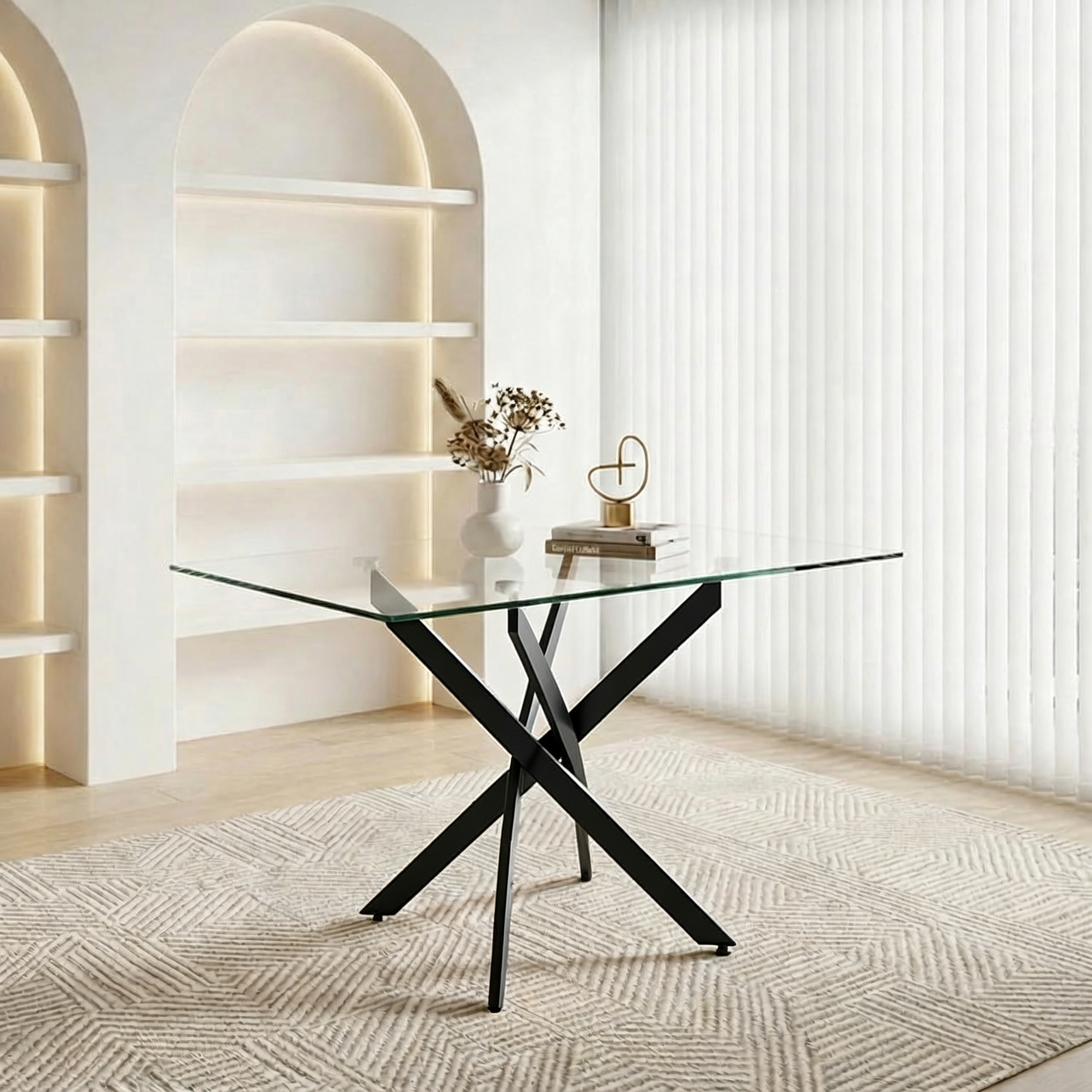Clear glass dining table with black X-shaped legs by arched wall shelves and dried flowers