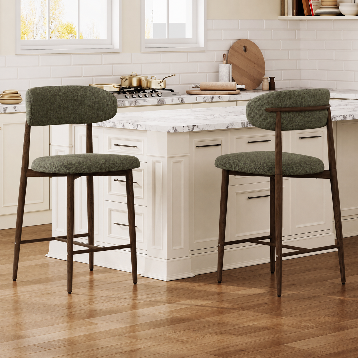 Counter Stool Set of 2, Green Linen with Walnut-Grain Metal Legs