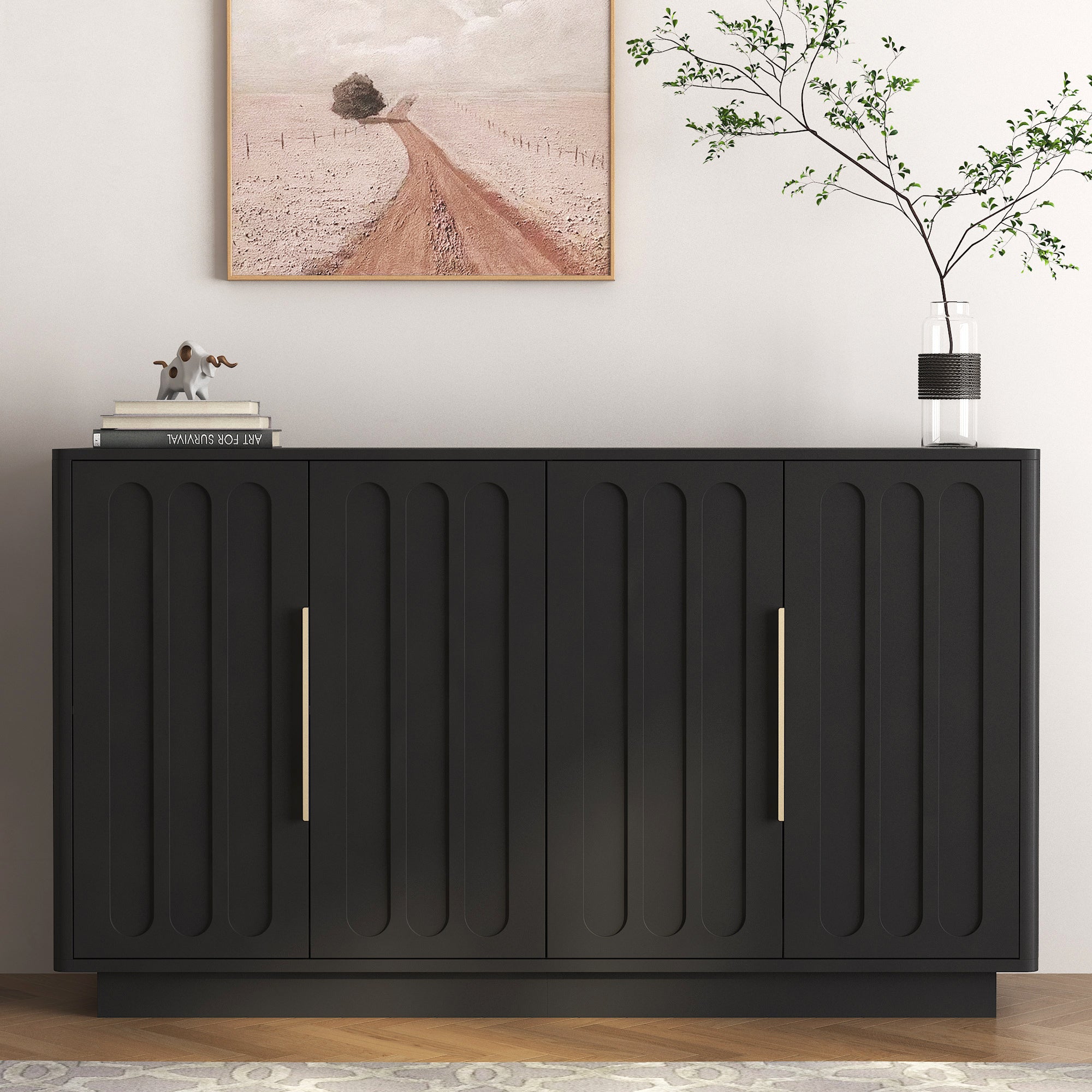 Black Fluted Sideboard Buffet 55 in, 4 Paneled Doors, 2 Cabinets