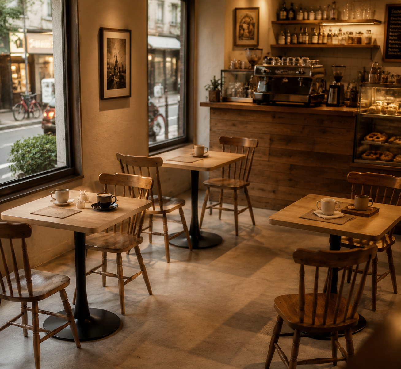 Cafe scene with several natural square tulip bistro tables and wood chairs set with coffee cups