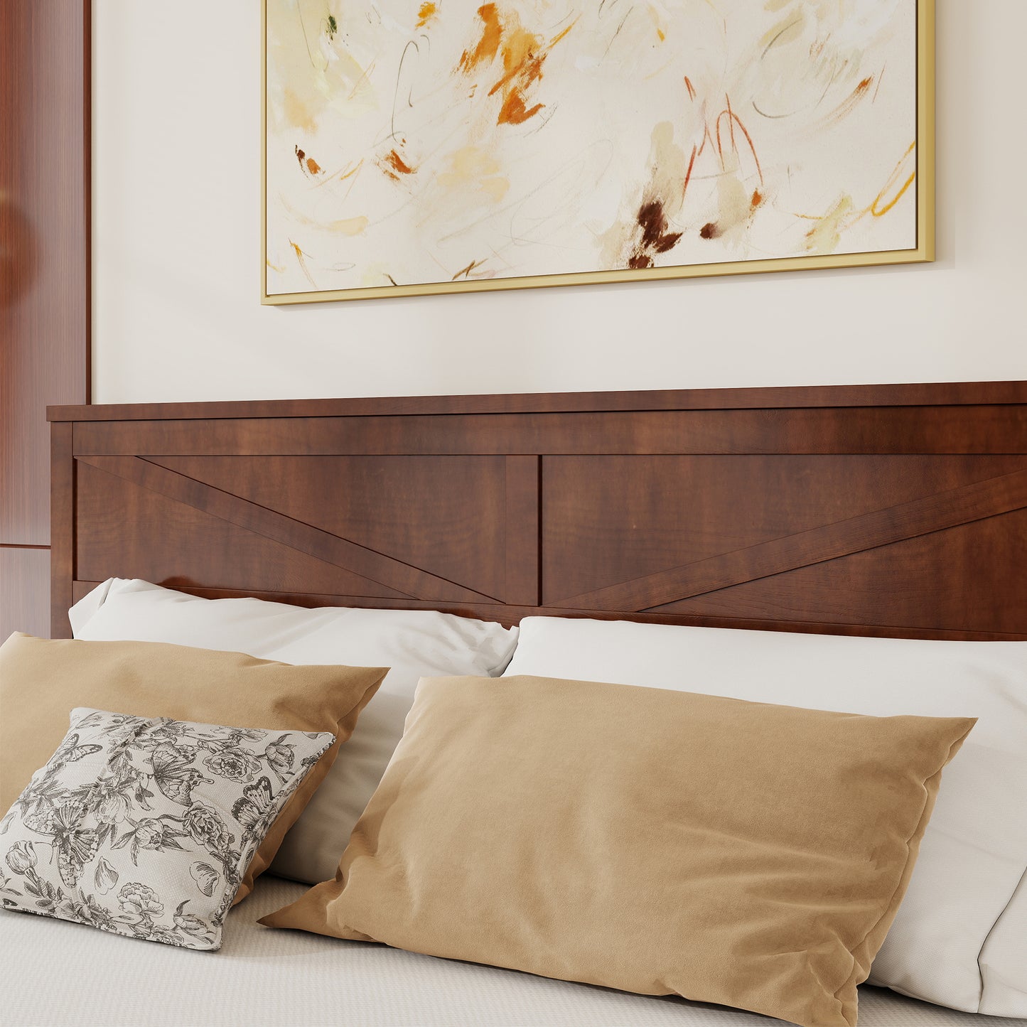 Front view of farmhouse walnut king bed frame on white background