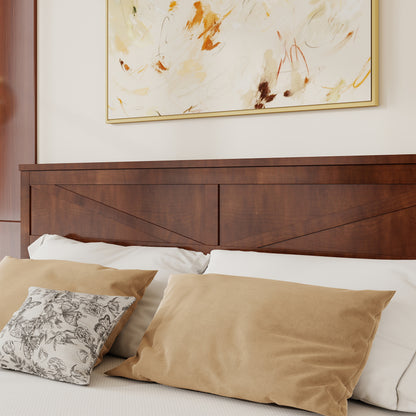 Front view of farmhouse walnut king bed frame on white background