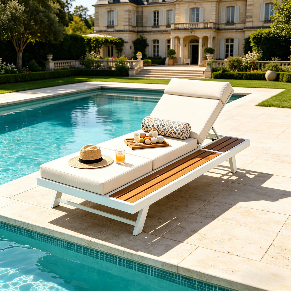 White Metal Adjustable Outdoor Chaise Lounge, Cream Cushion, 4-Fold Cushion