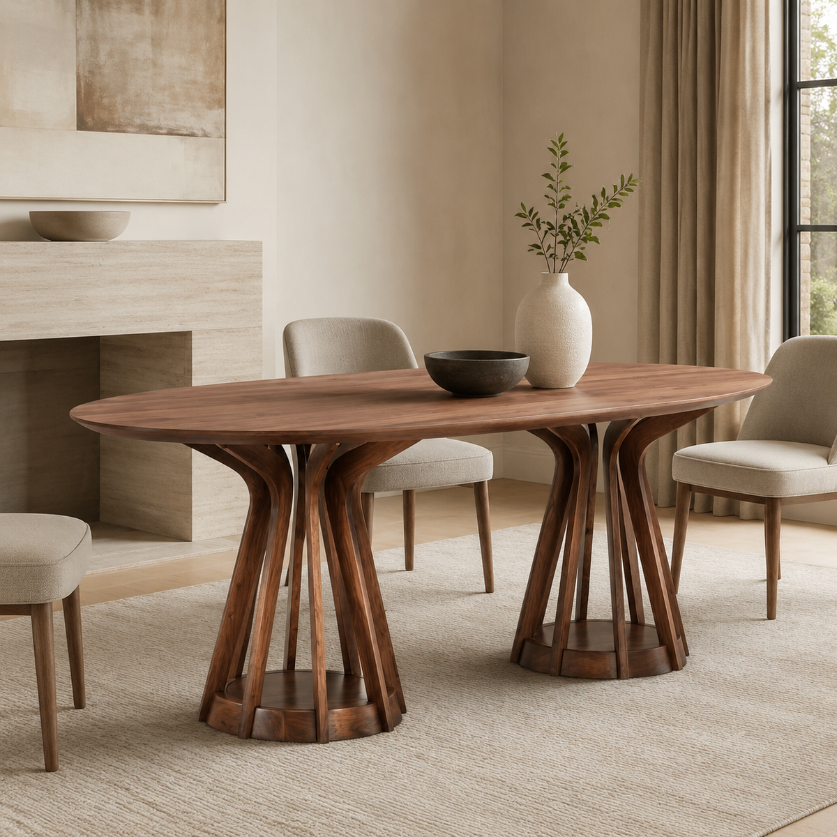 Oval Pedestal Dining Table, Walnut - MDF Top, Solid Wood Base