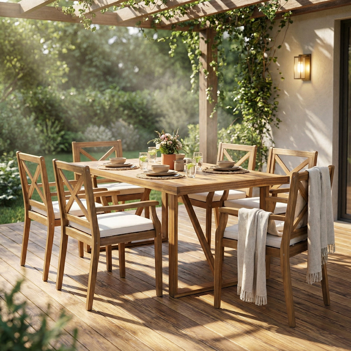 Teak Finish Solid Wood 7-Piece Patio Dining Set for 6 with Cream Cushions