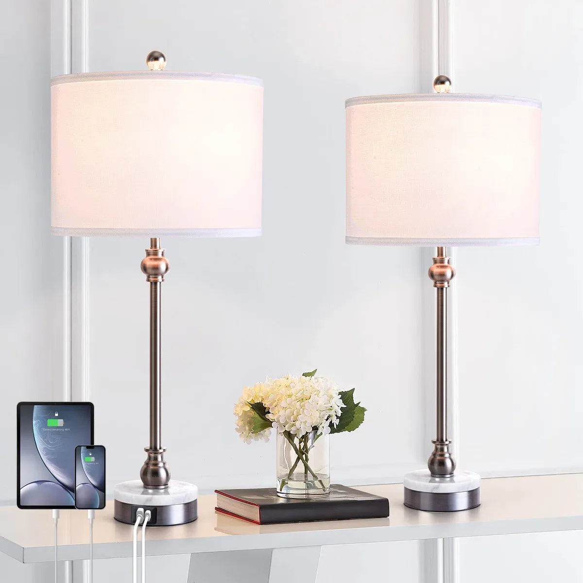 Table Lamp, Stone and Metal Base with Linen Shade, Nickel Finish