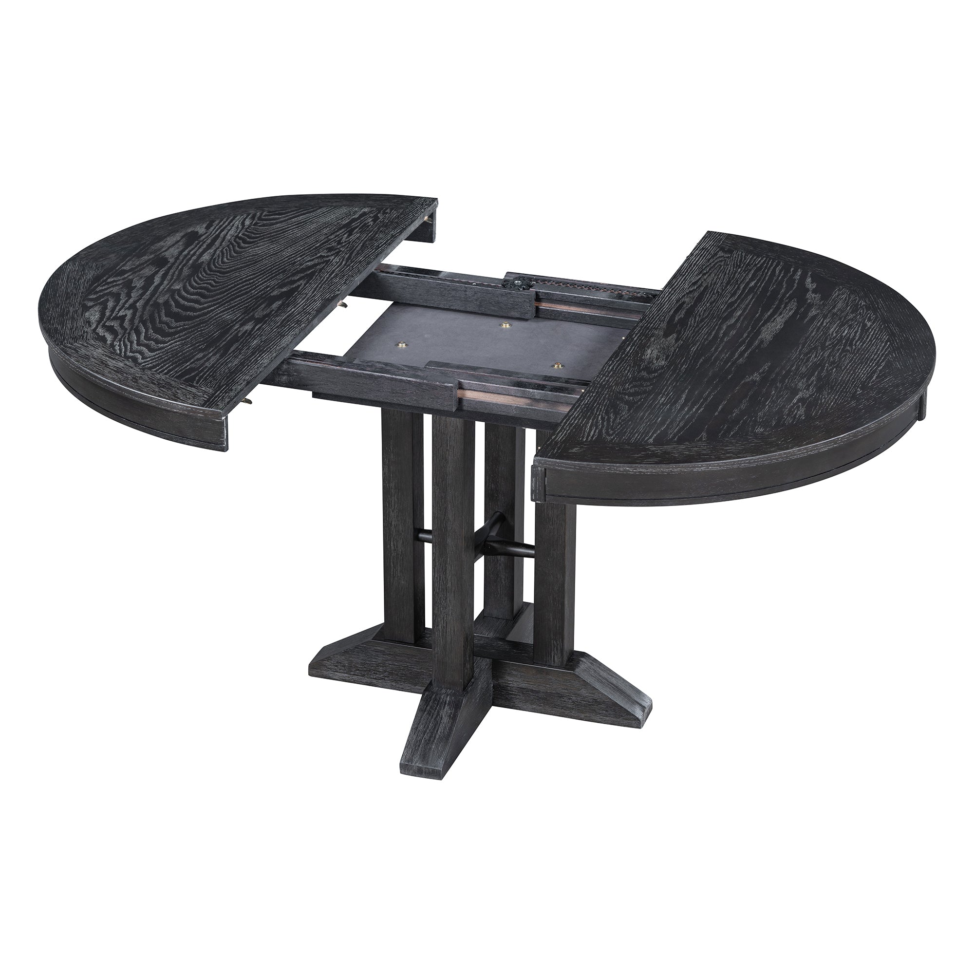 Black dining table with the halves pulled apart, showing the open extension slide mechanism