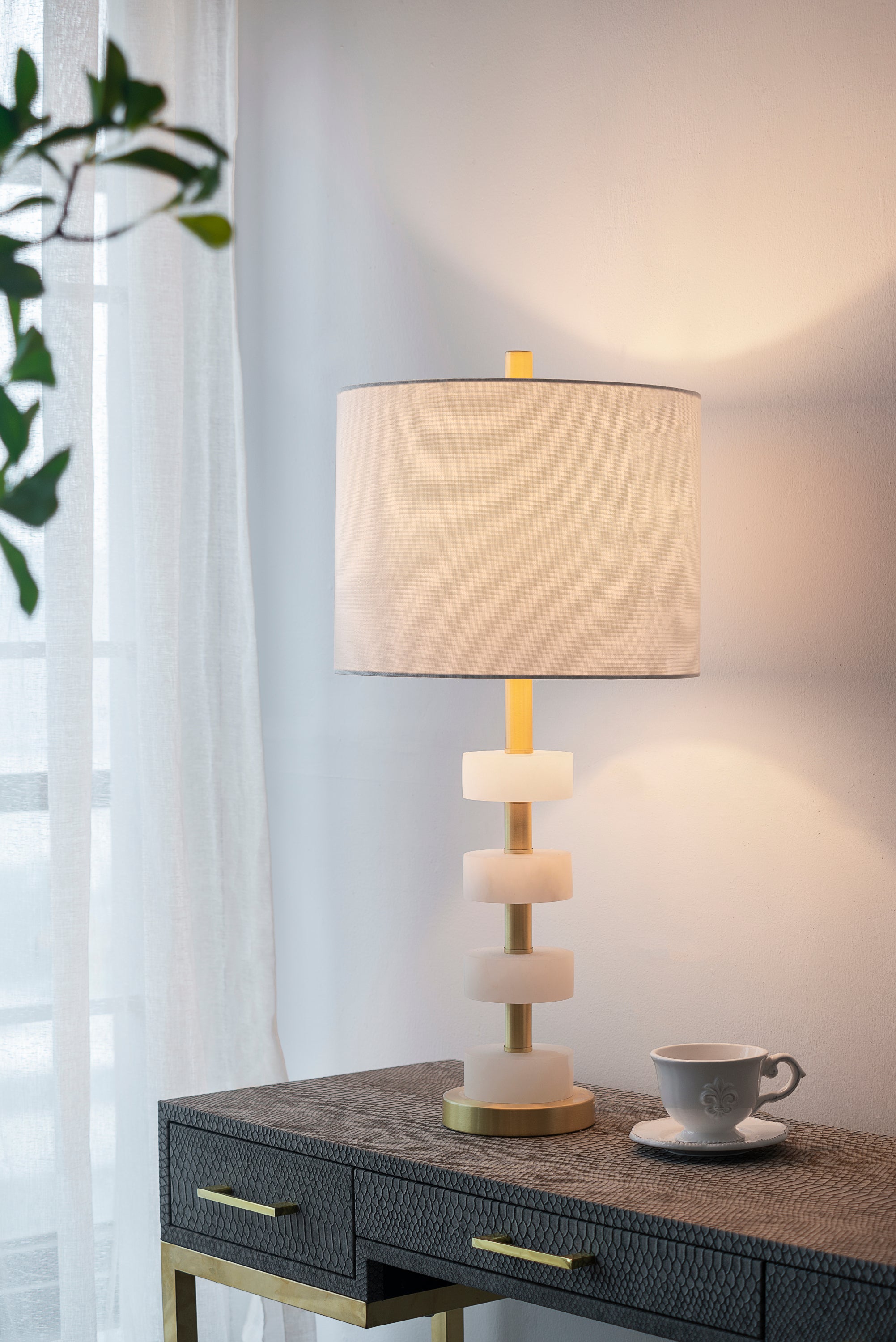 Marble Table Lamp, White and Gold