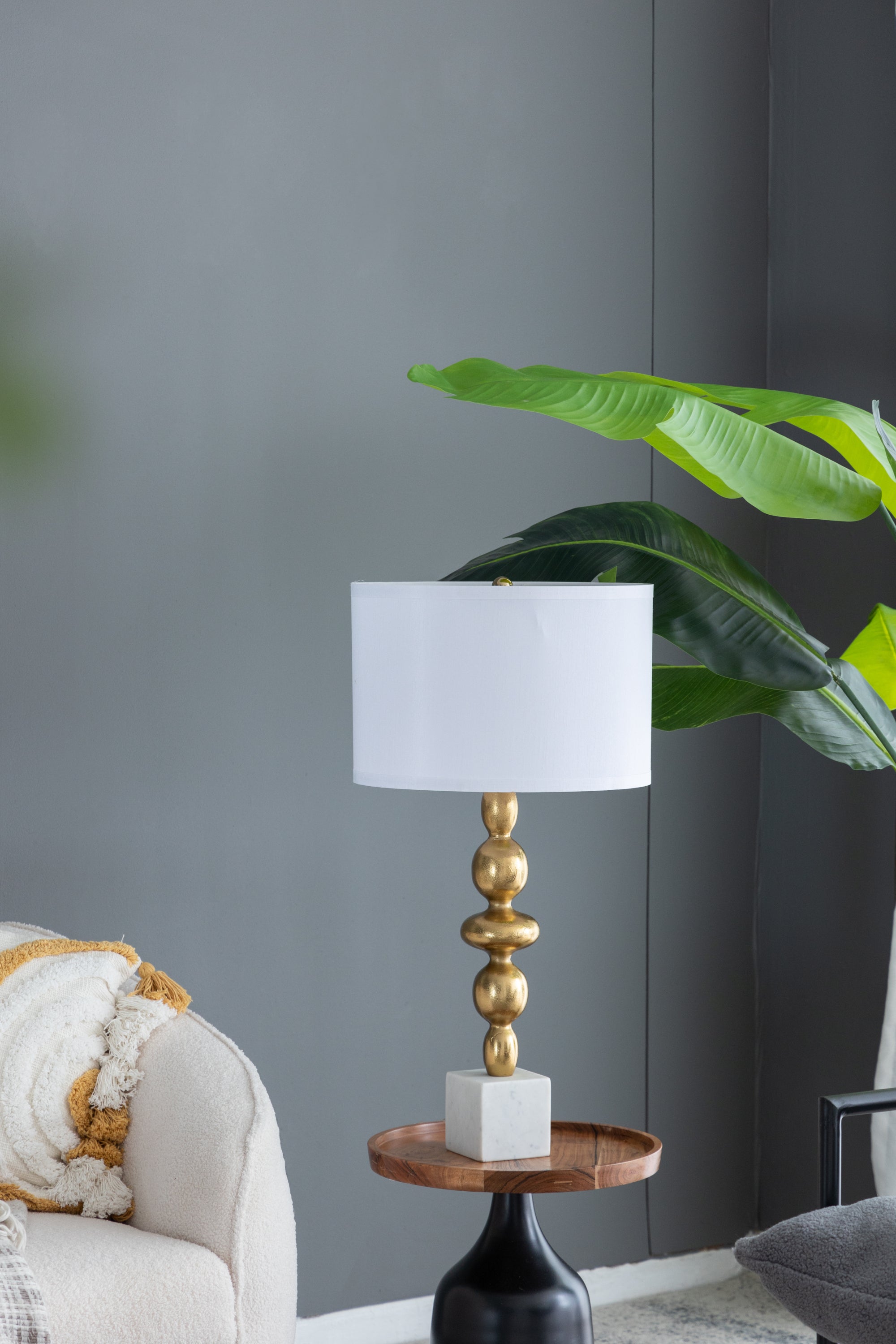 Table Lamp with Marble Base, Gold and White