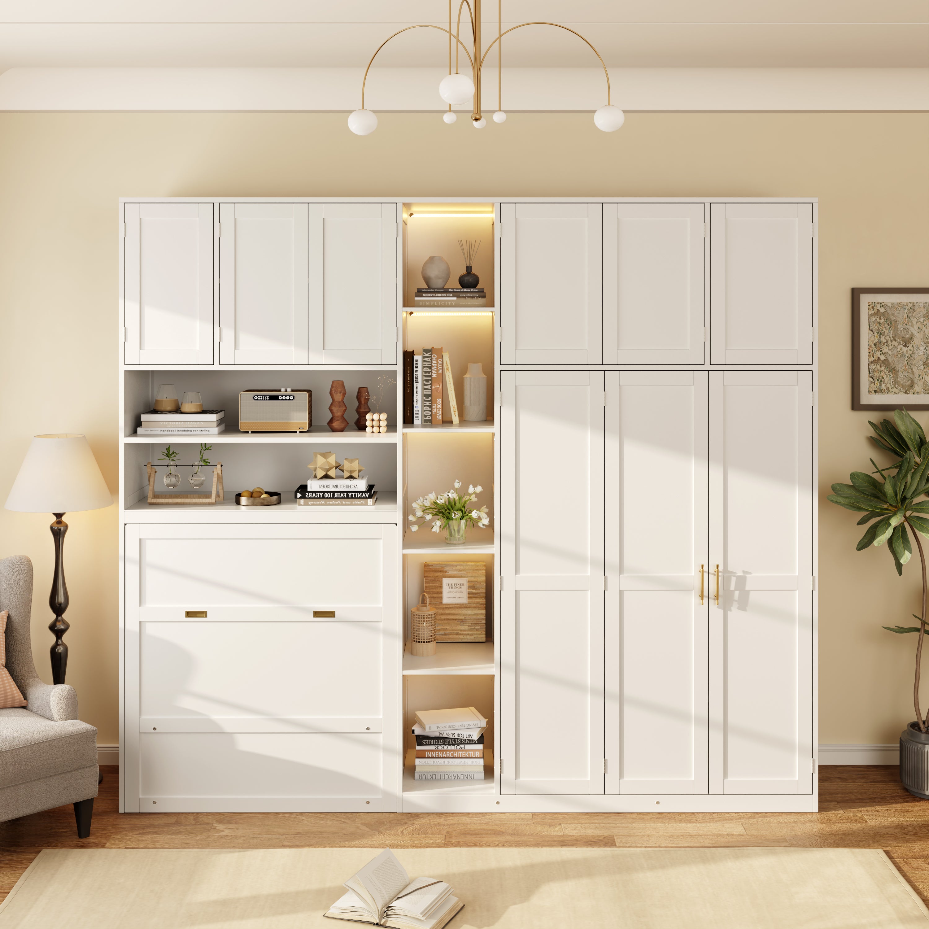 Twin Murphy Bed with Wardrobe and LED Display Shelves, White