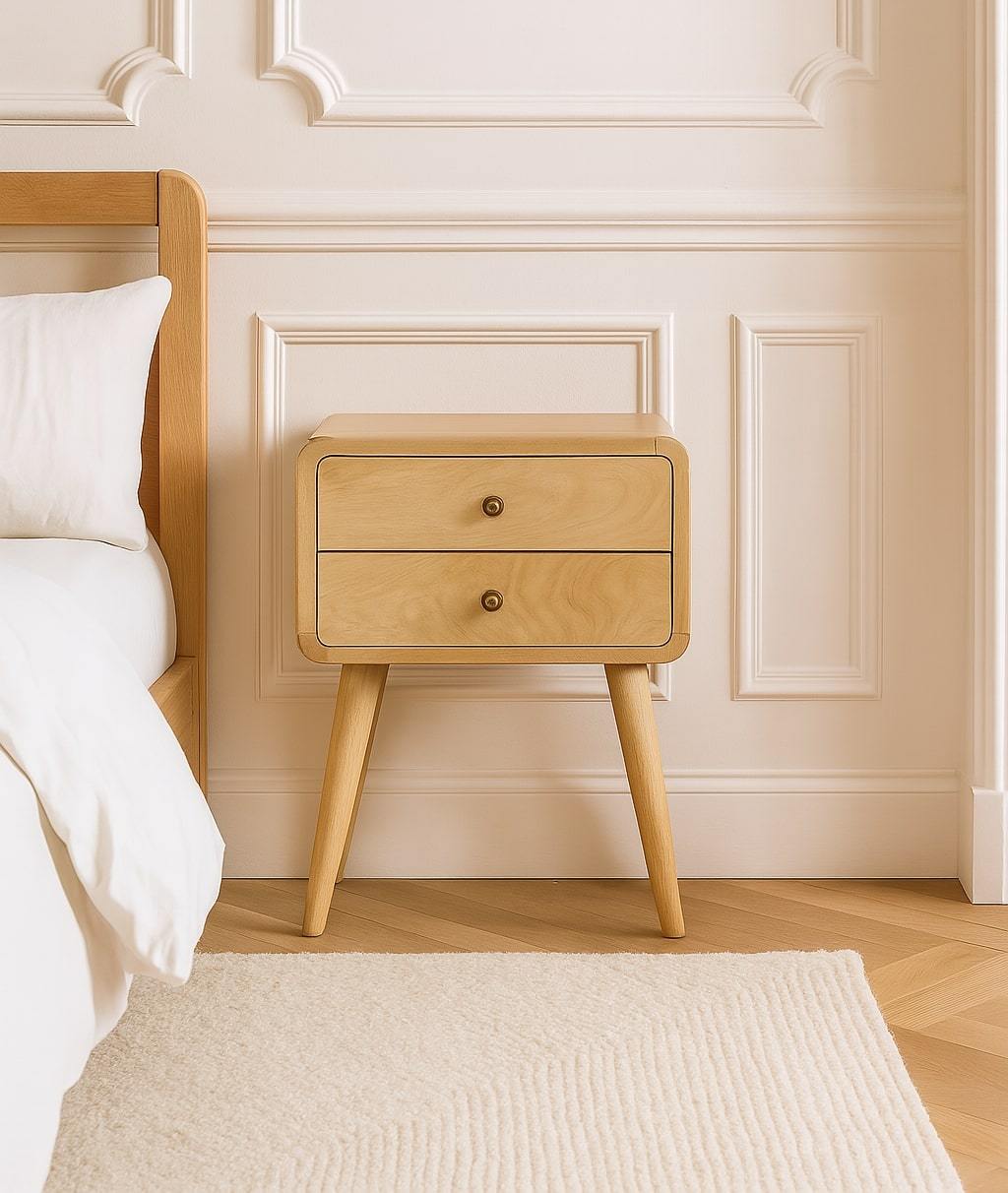 Solid Wood Nightstand, 2 Drawers, Curved Oak Finish