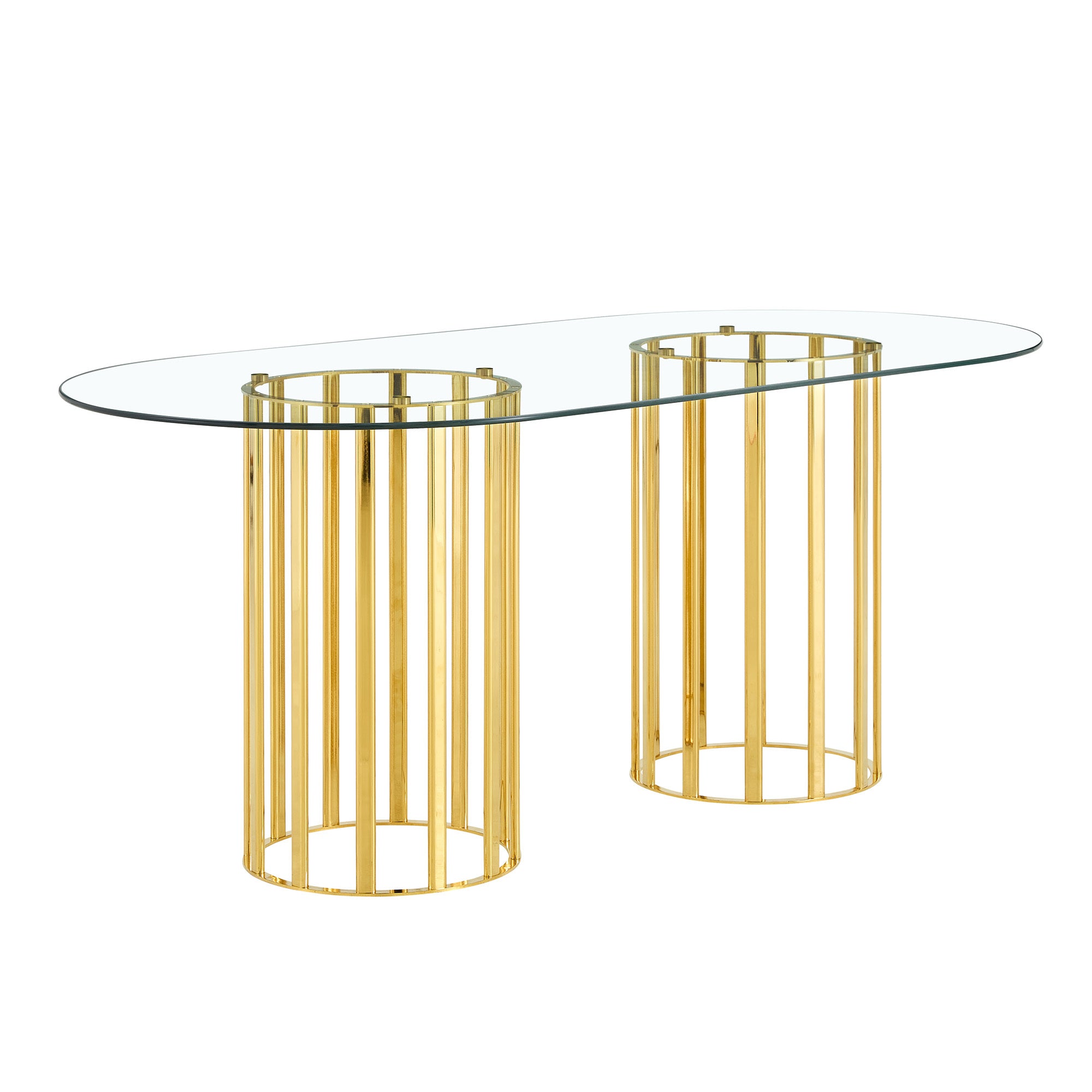 Angled studio view of oval glass dining table with two gold slatted column bases on white