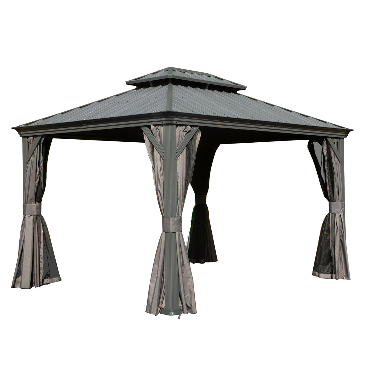 11x13 ft Gray Metal Double Roof Hardtop Gazebo with Netting and Curtains