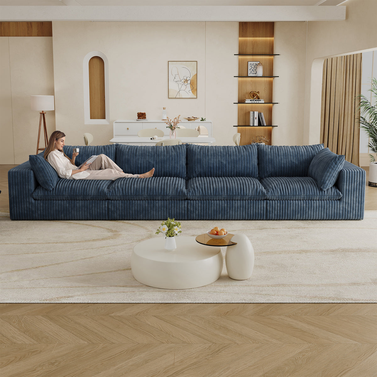Blue Corduroy Modular 4-Seat Couch, No Assembly, 157.6 in Wide