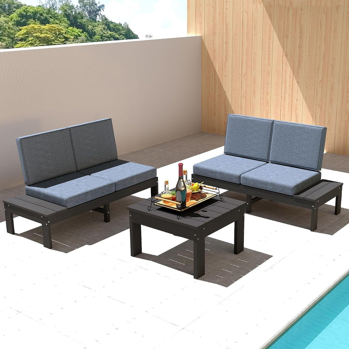 Gray HDPE 3-Piece Outdoor Sofa Set with Cushions
