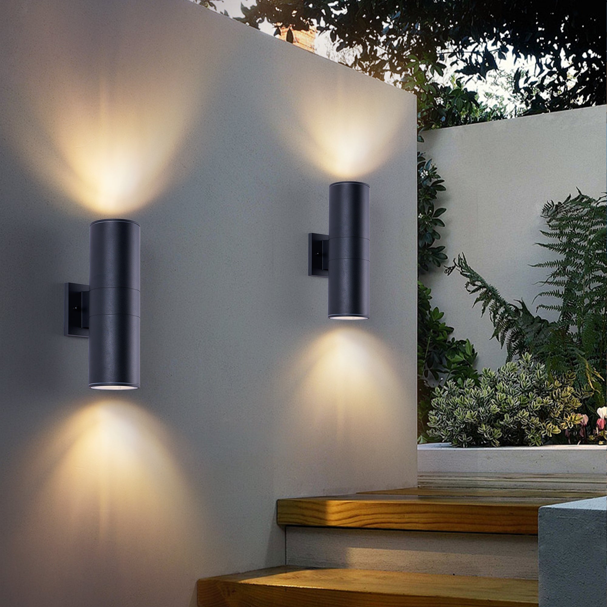Outdoor Wall Sconce Set, 14 Inch Iron Cylinder, Matte Black