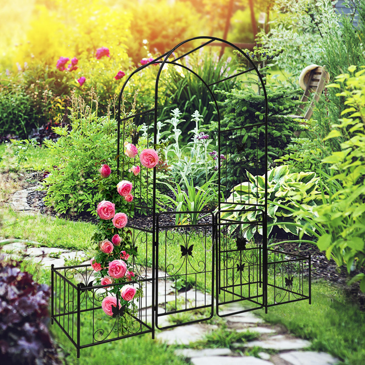Black Metal Garden Arbor, with Gate, 86.6 in Tall