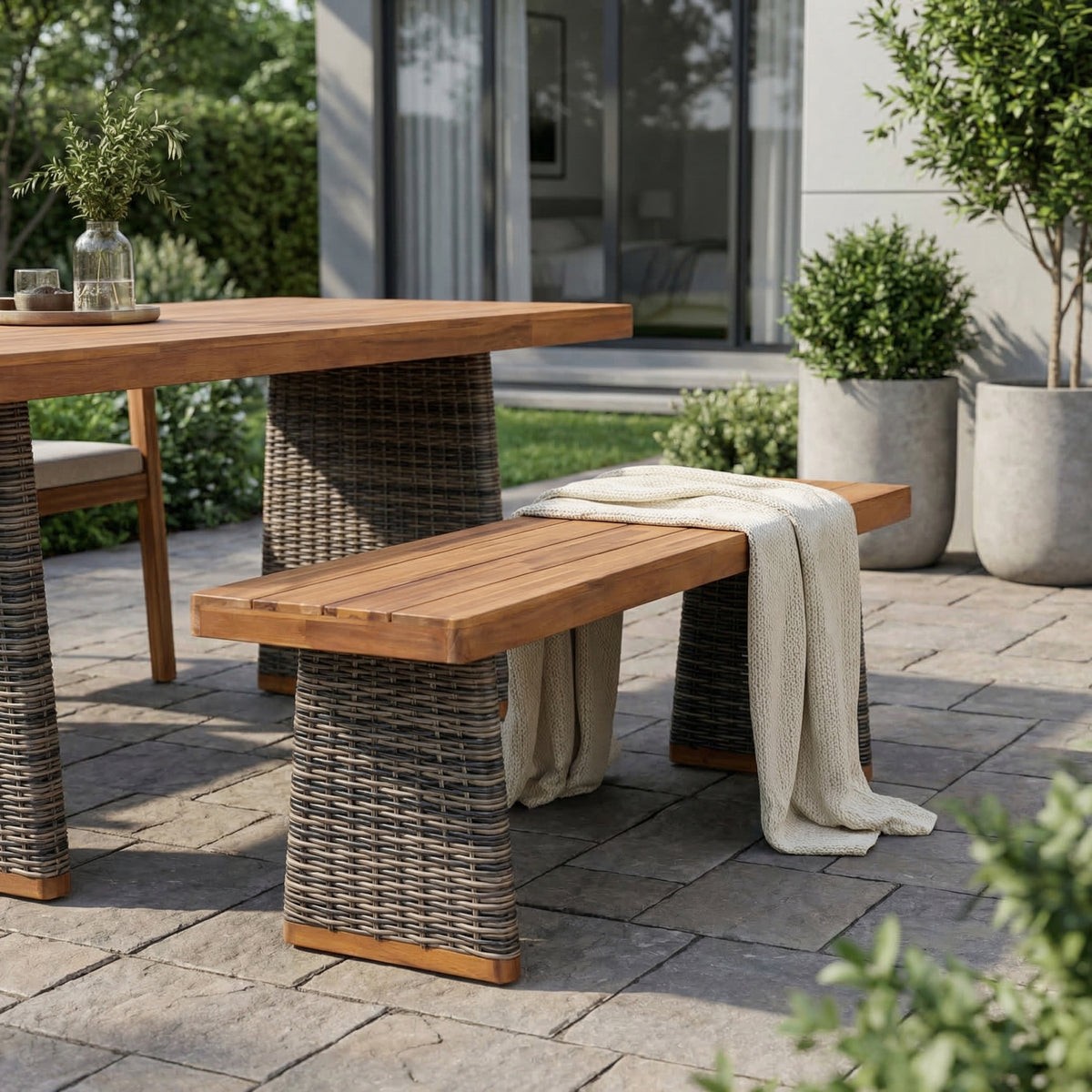 Teak Finish Solid Wood Outdoor Bench, 57 in Wide