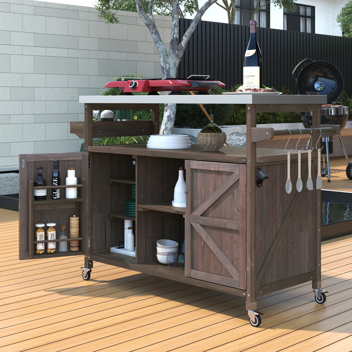 Dark Brown Solid Wood Outdoor Kitchen Island with Wheels